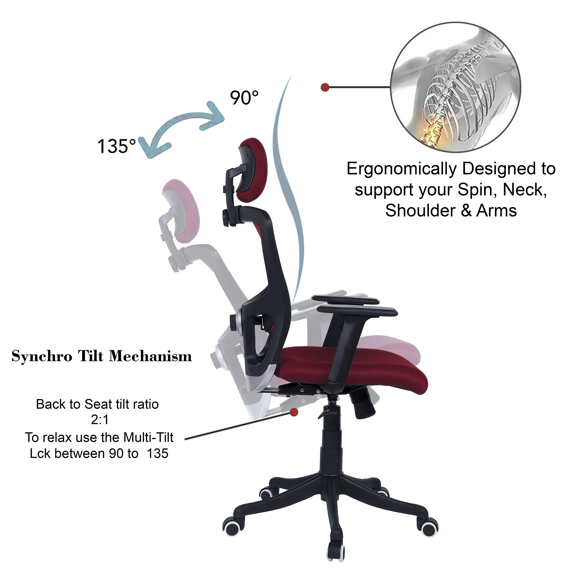 Dreaceo High Back Ergonomic Chair in Maroon Colour