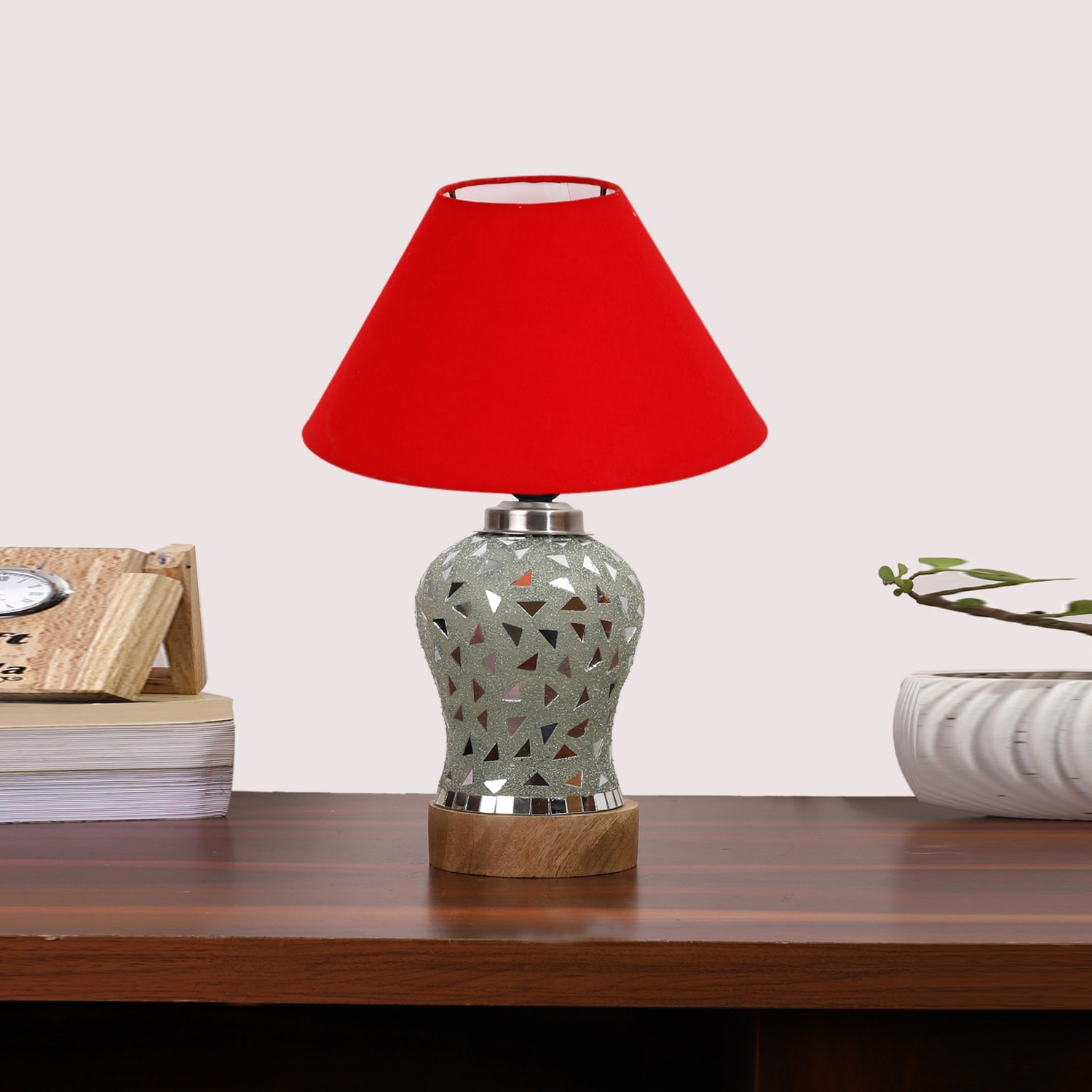 Devansh Conical Red Cotton Shade Lamp With Wood & Mosaic Glass Base For Decoration/Office/Home/Gifting/Study For Decoration/Office/Home/Gifting/Study -(10X10X14.5) Inches -A - Devansh