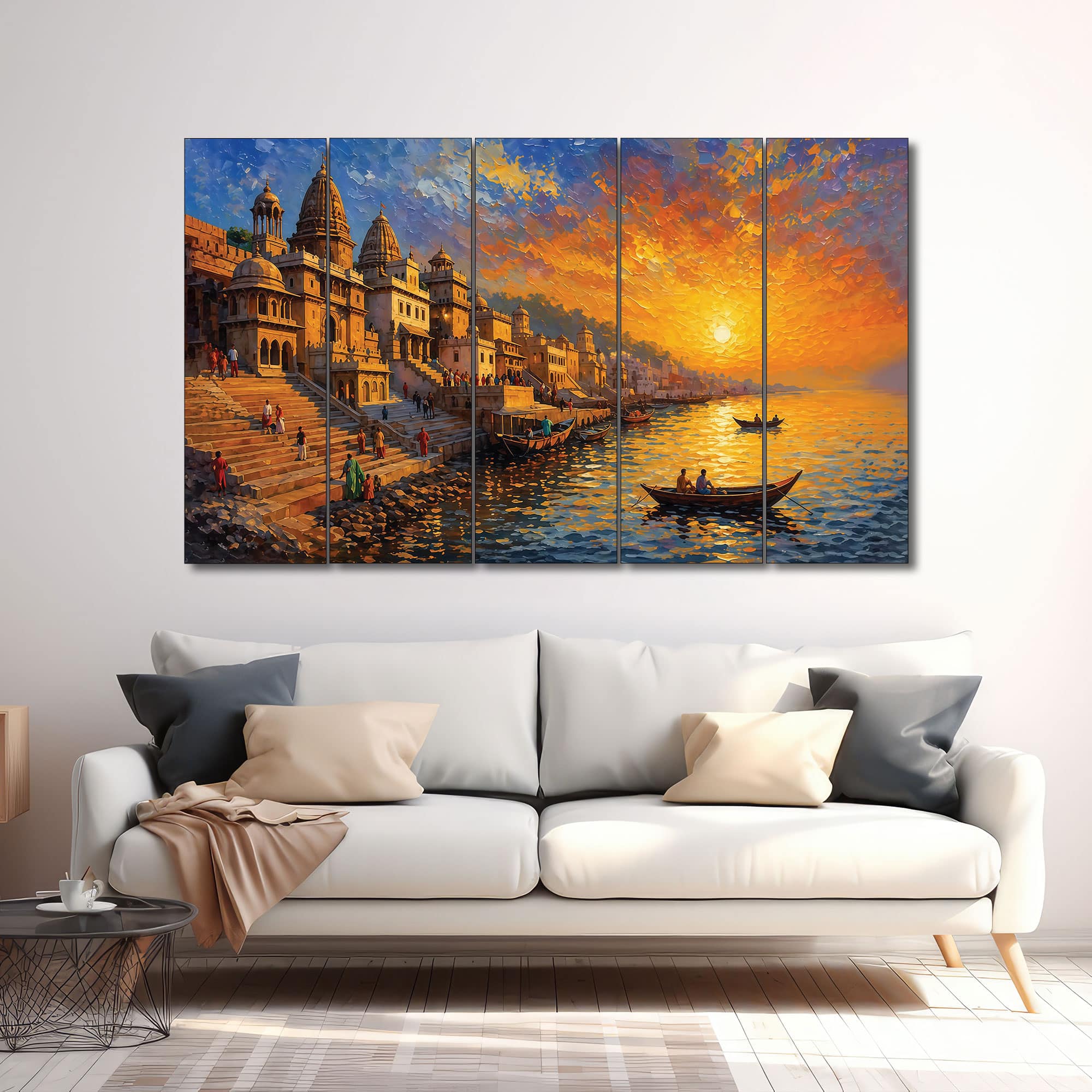 The Castle Decor Banaras Ghat Wall Painting Design 7 Wooden Framed 27x48 Inch - The Castle Decor