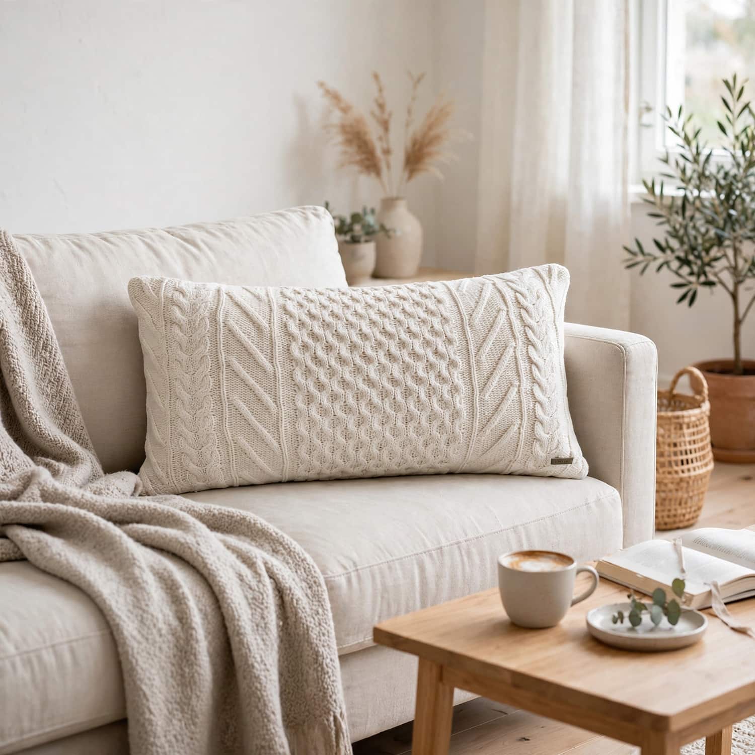 Kennedy Ivory Cotton Knitted Decorative Cushion Cover 12 x 20 Inches