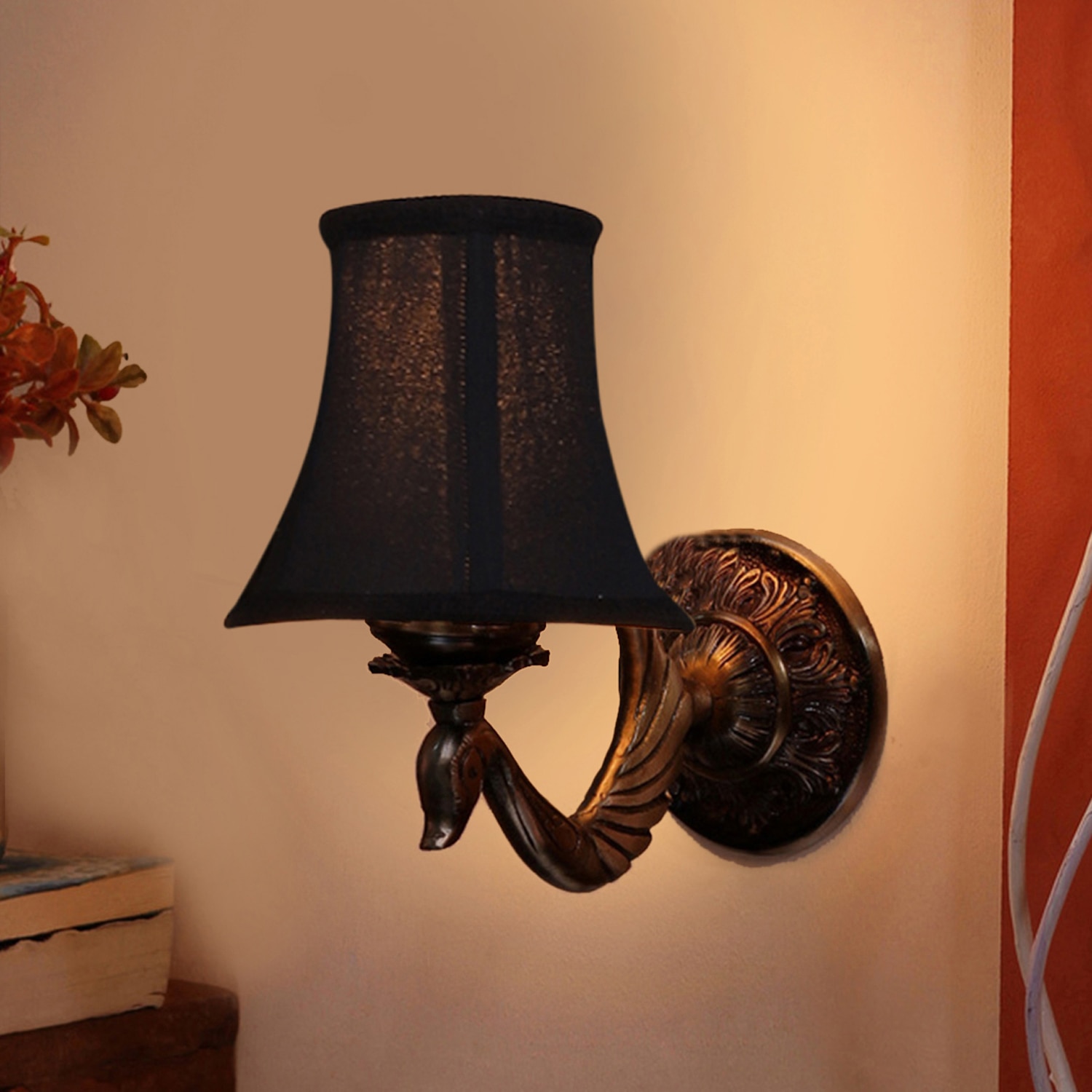 Devansh Gold Antique Wall Mounted Lamp With Black  Cotton Shade