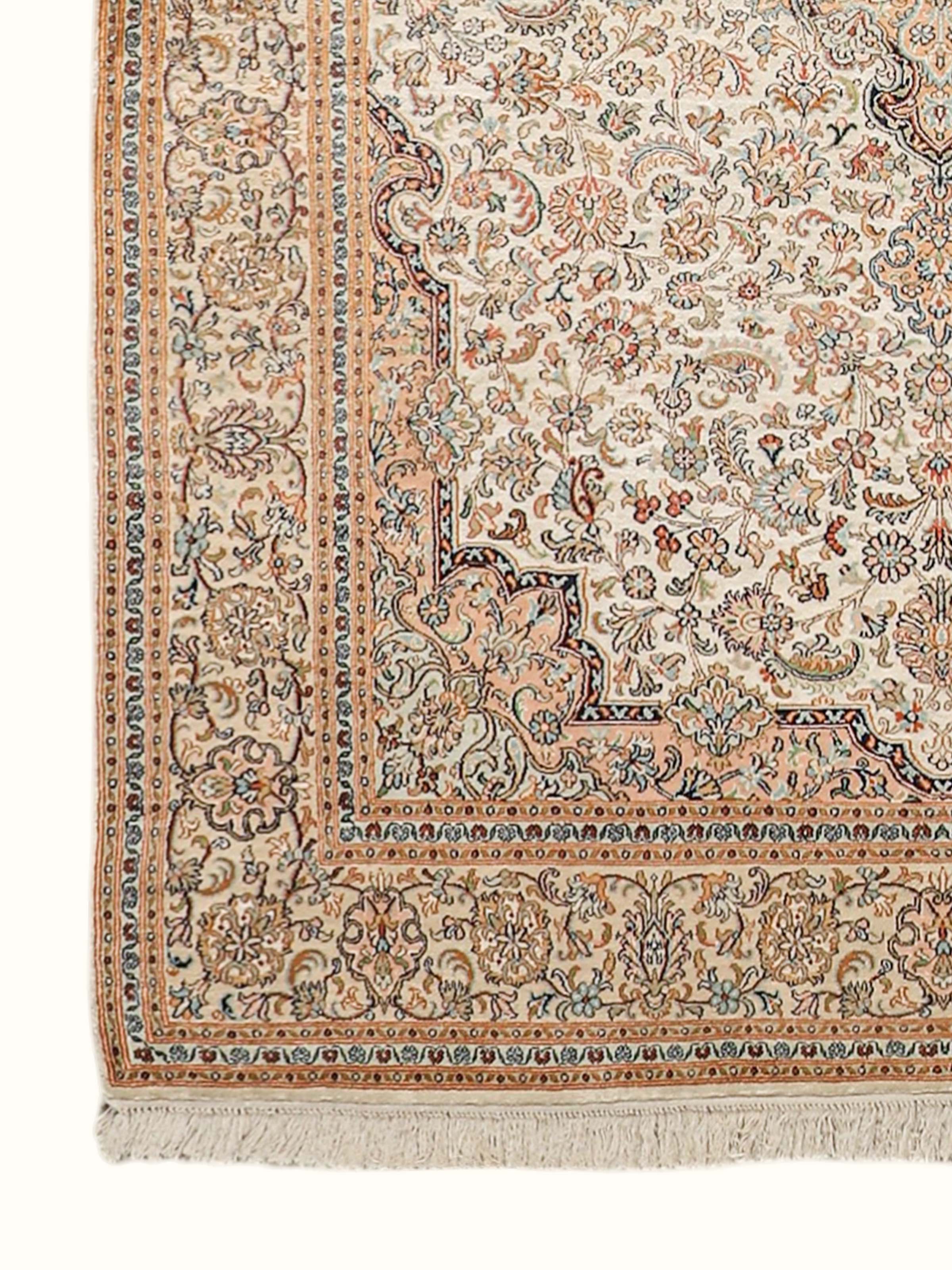 Traditional Persian Ivory Rust Kashan Kashmir Silk Hand-Knotted Carpet
