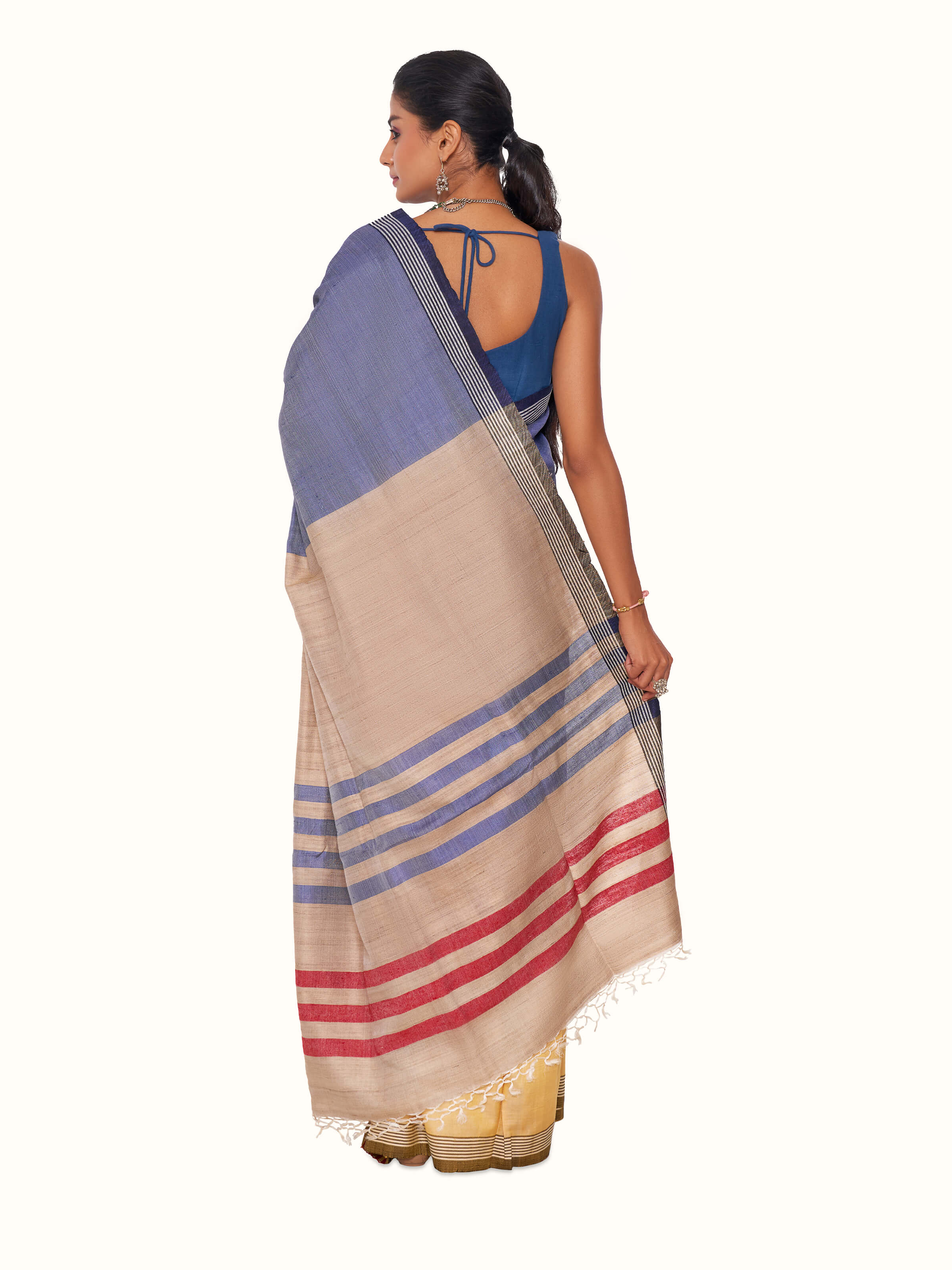 Back view of blue tussar silk Bhagalpur saree with full pallu design