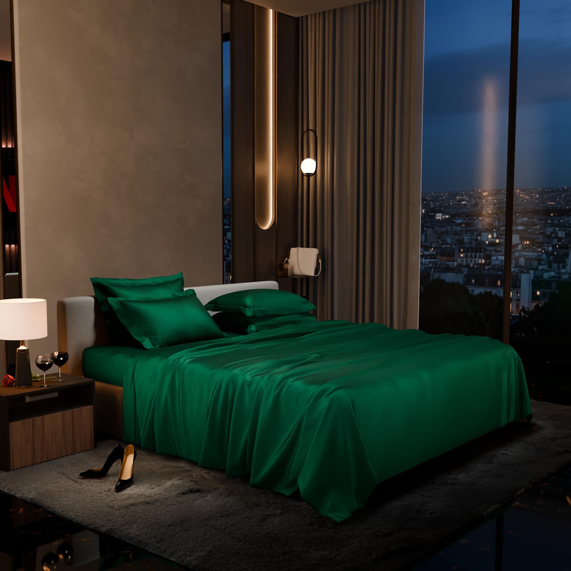 Stoa Paris 300 Tc Satin Bedsheet Super King Size Bed with Pillow Covers in Emerald Green - Stoa Paris