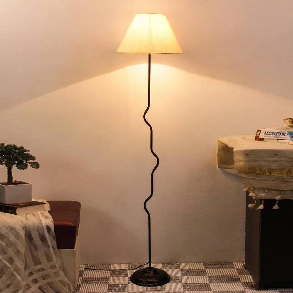 Duke Off White Fabric Floor Lamp with Black Iron Base