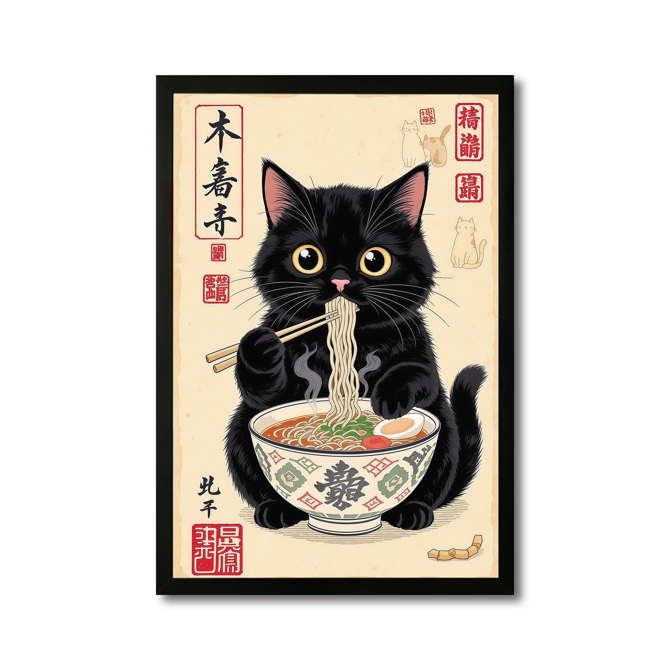 The Castle Decor Cute Cat Eating Ramen Kitchen Wall Art 12x18 Inch - The Castle Decor