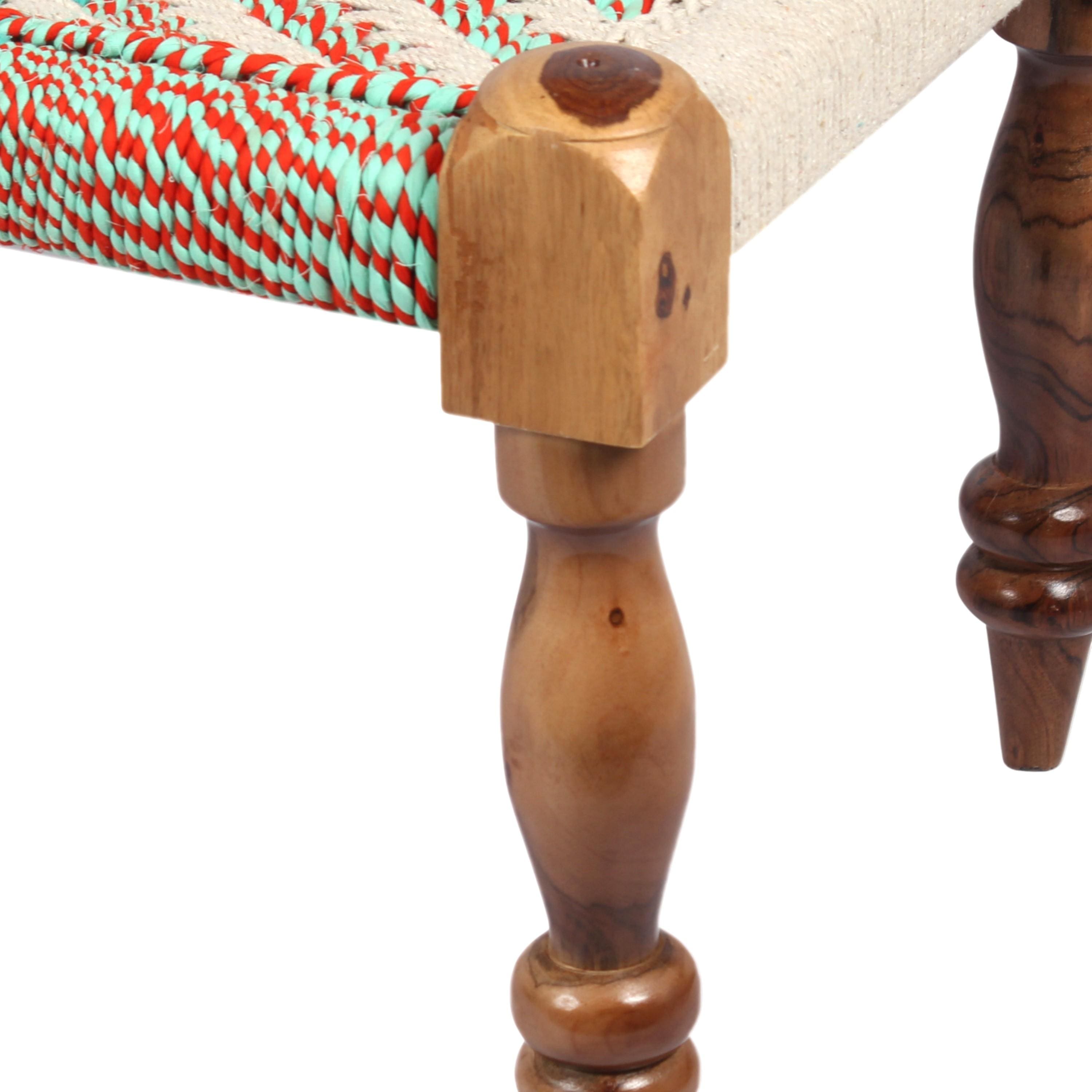 Oakville Sheesham Wood 2 Seater Maachi Bench In Assorted Multi-Colour Chindi & White Rope Canning