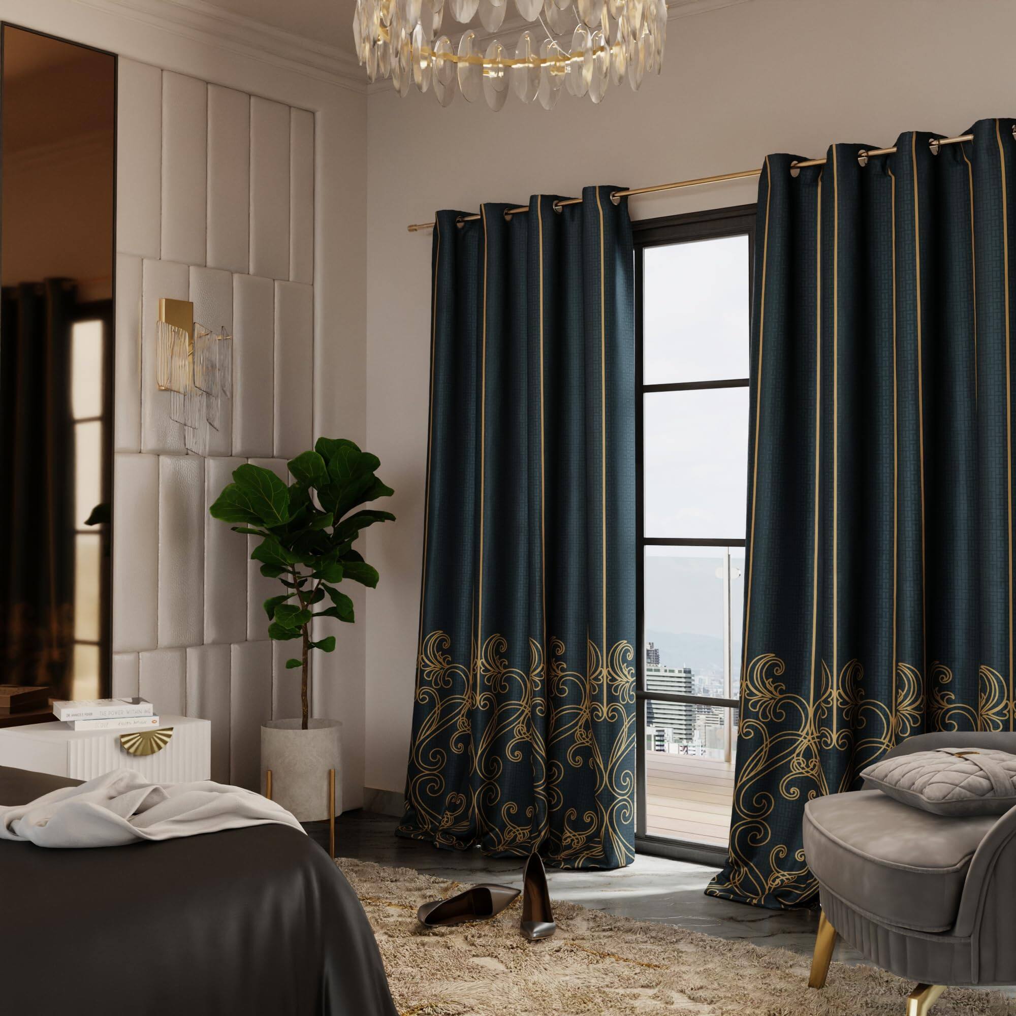 Stoa Paris Satin Door Curtains, 300 TC Dim-Out Home Furnishing Curtains,  Aesthetic Parda, Balcony,, Pack of 1, Versailles - Emerald Royale - Stoa Paris