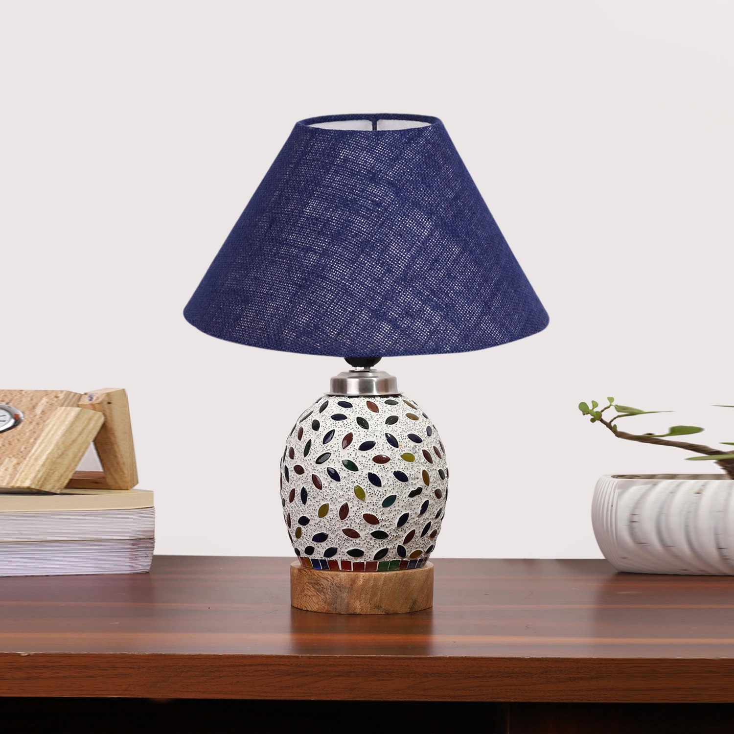 Devansh Conical Blue Jute Shade Lamp With Wood & Mosaic Glass Base For Decoration/Office/Home/Gifting/Study For Decoration/Office/Home/Gifting/Study -(10X10X14.5) Inches -A - Devansh