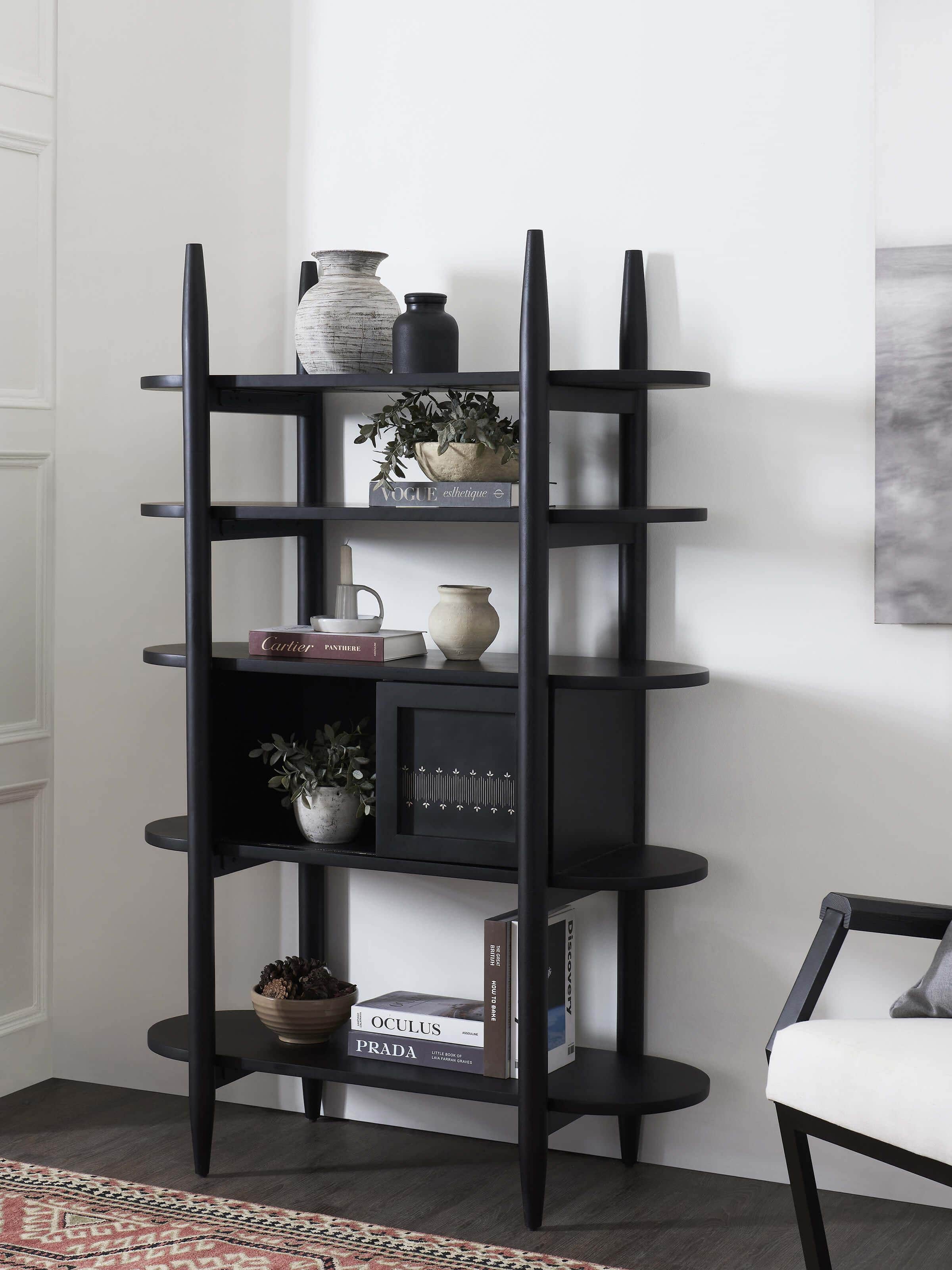 Front view of Mango Wood Bidri Bookshelf with intricate Bidriware metalwork and rich mango wood finish.