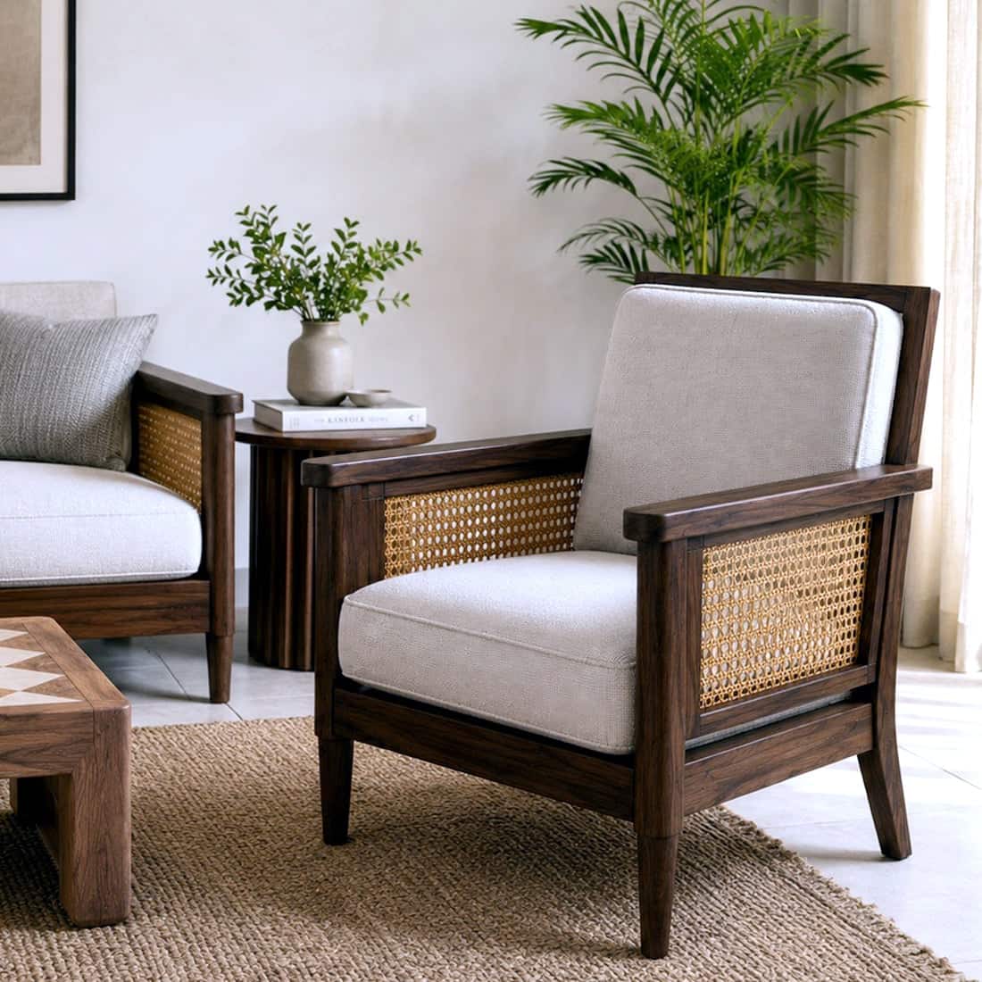 Pisces Solid Wood Cane Accent Sofa Chair in Walnut Finish - HomeDfy