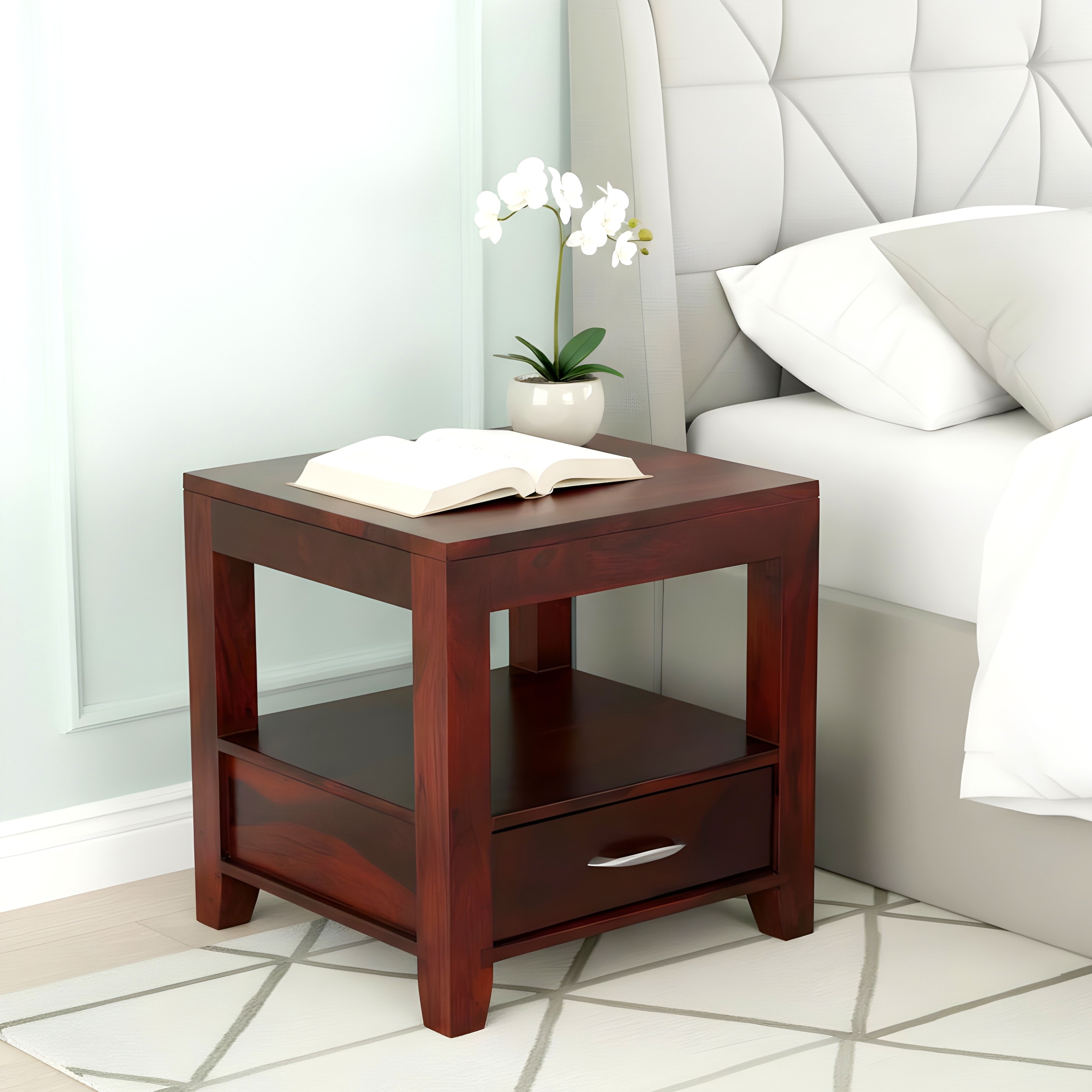 Kassel Sheesham Wood Contemporary Bedside Table End Table In Honey Finish