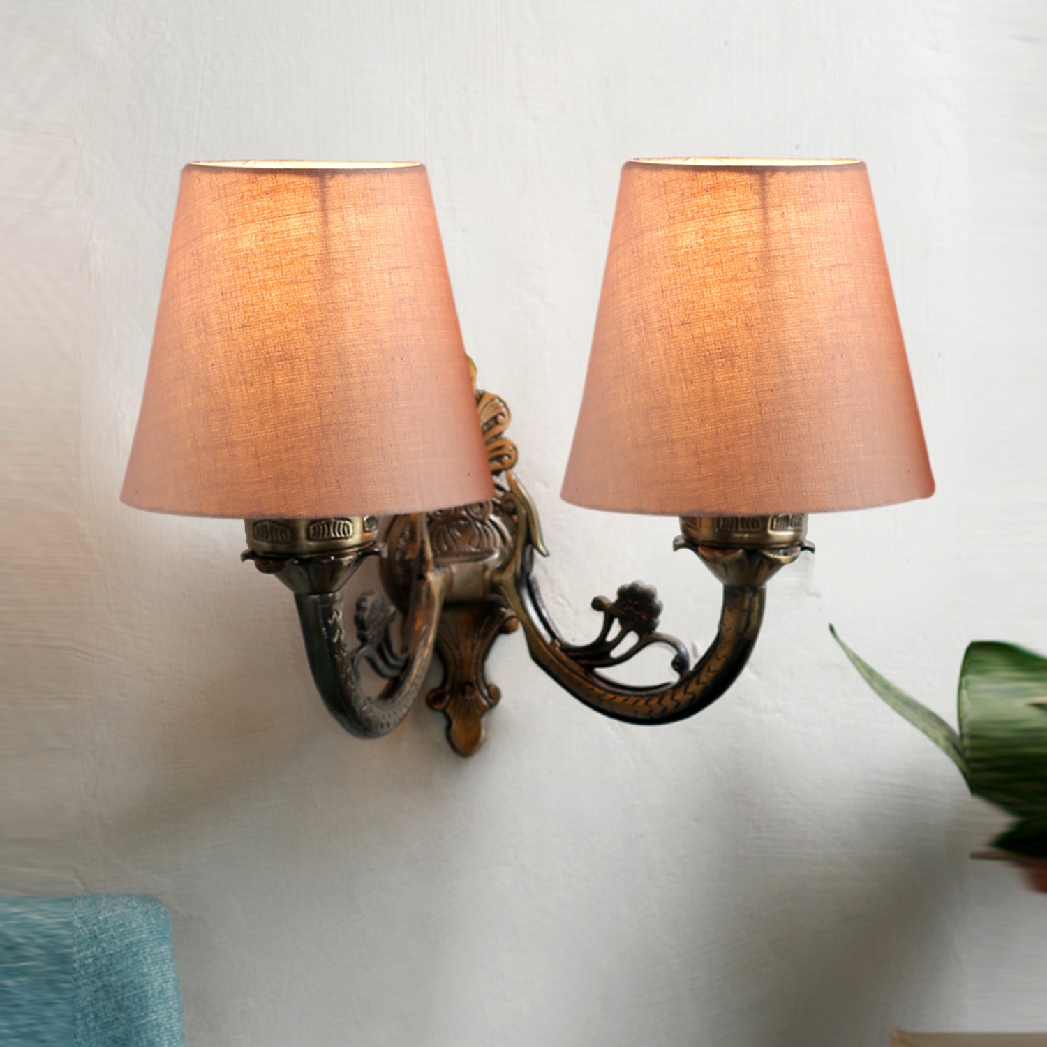 Devansh Metal Electric Wall Light in Antique Gold Colour with Grey Shade Count of 2 Lights - Devansh