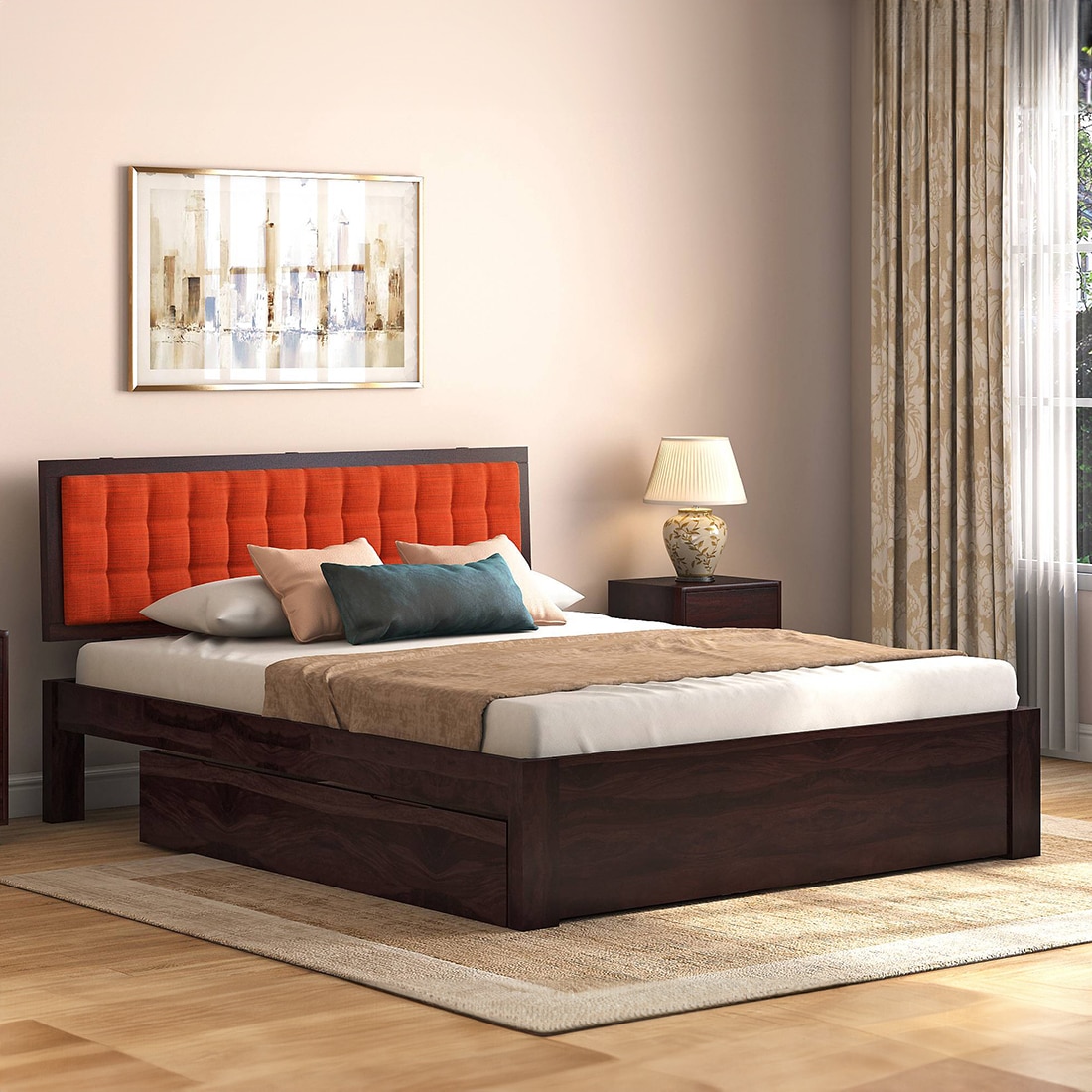 Florence Solid Wood King Size Drawer Storage Bed In Mahogany Finish