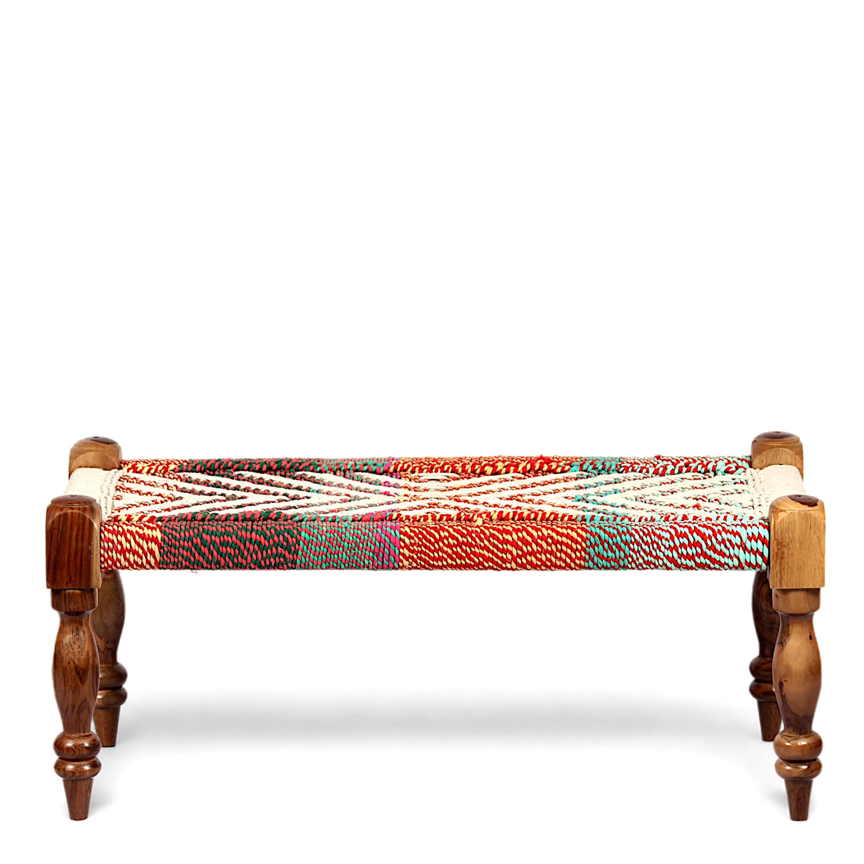 Oakville Sheesham Wood 2 Seater Maachi Bench In Assorted Multi-Colour Chindi & White Rope Canning