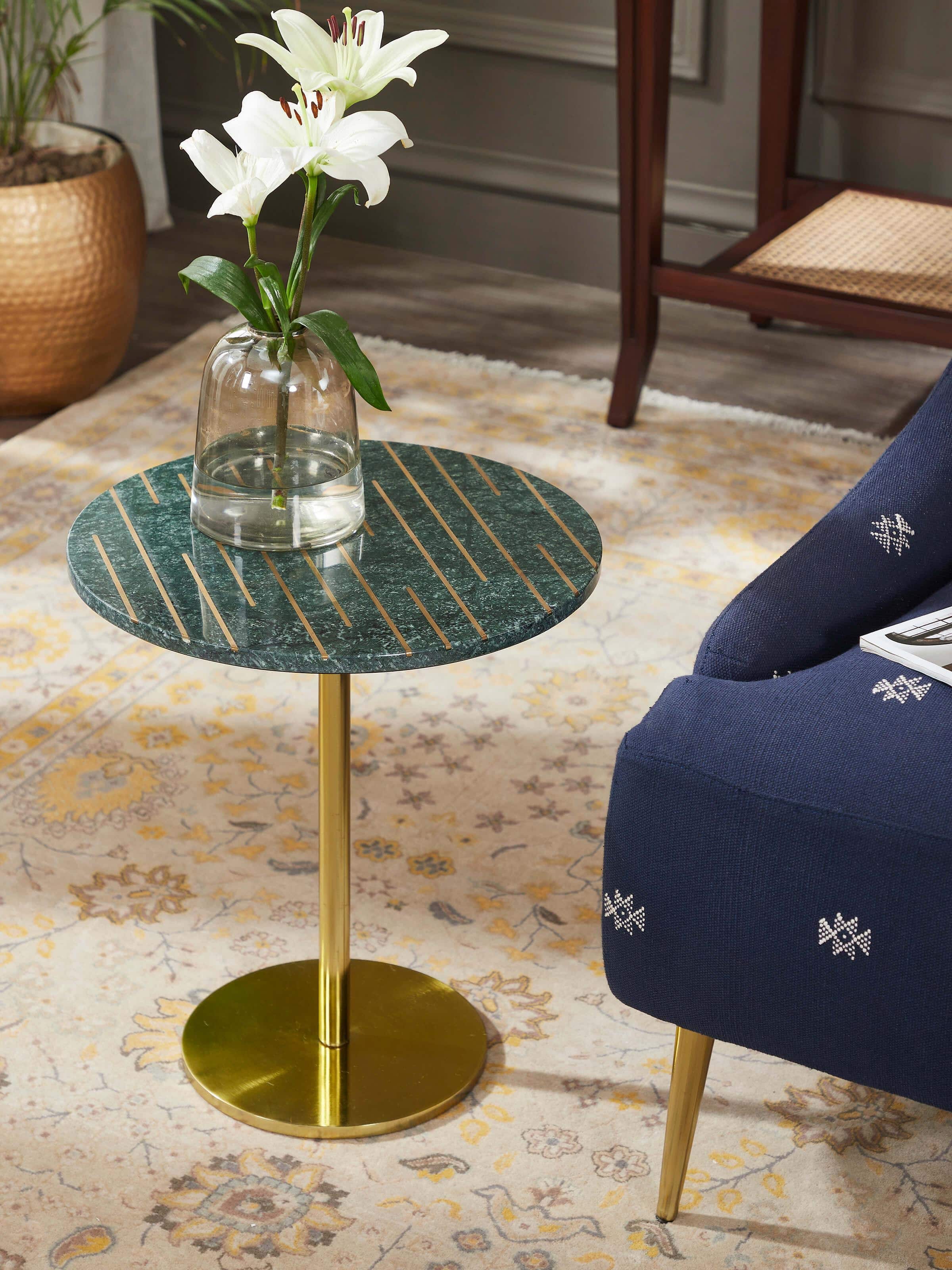 Side view of Brass Inlay Marble & Metal End & Side Table highlighting the combination of metal, brass inlay, and marble.