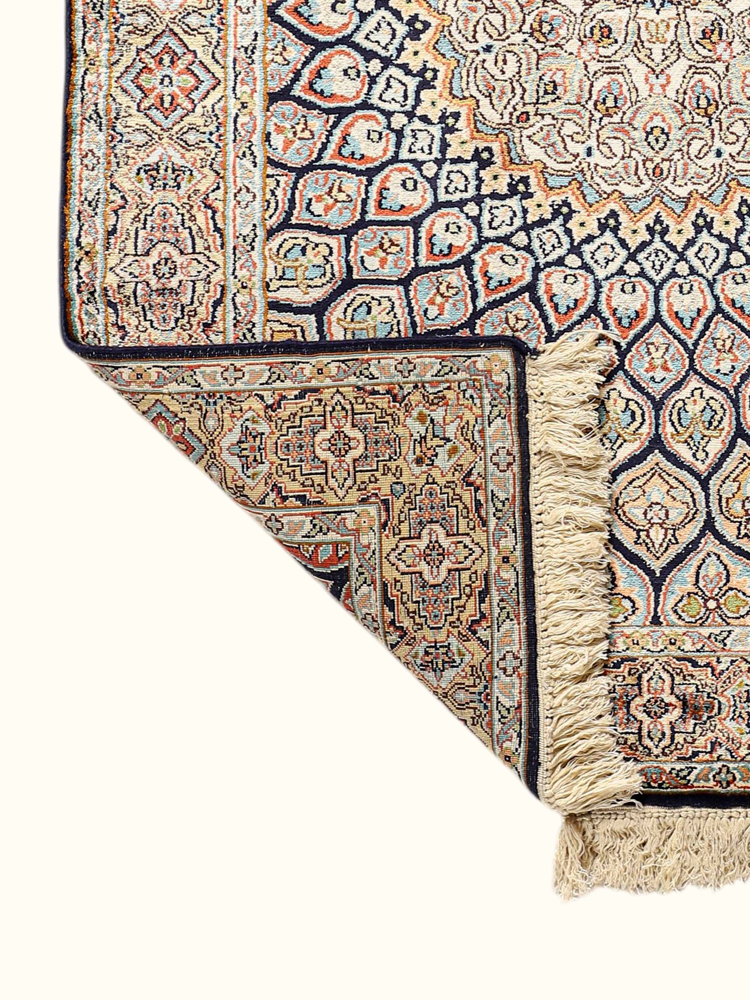 Traditional Persian Navy Ivory Medallion Kashmir Silk Hand-Knotted Carpet
