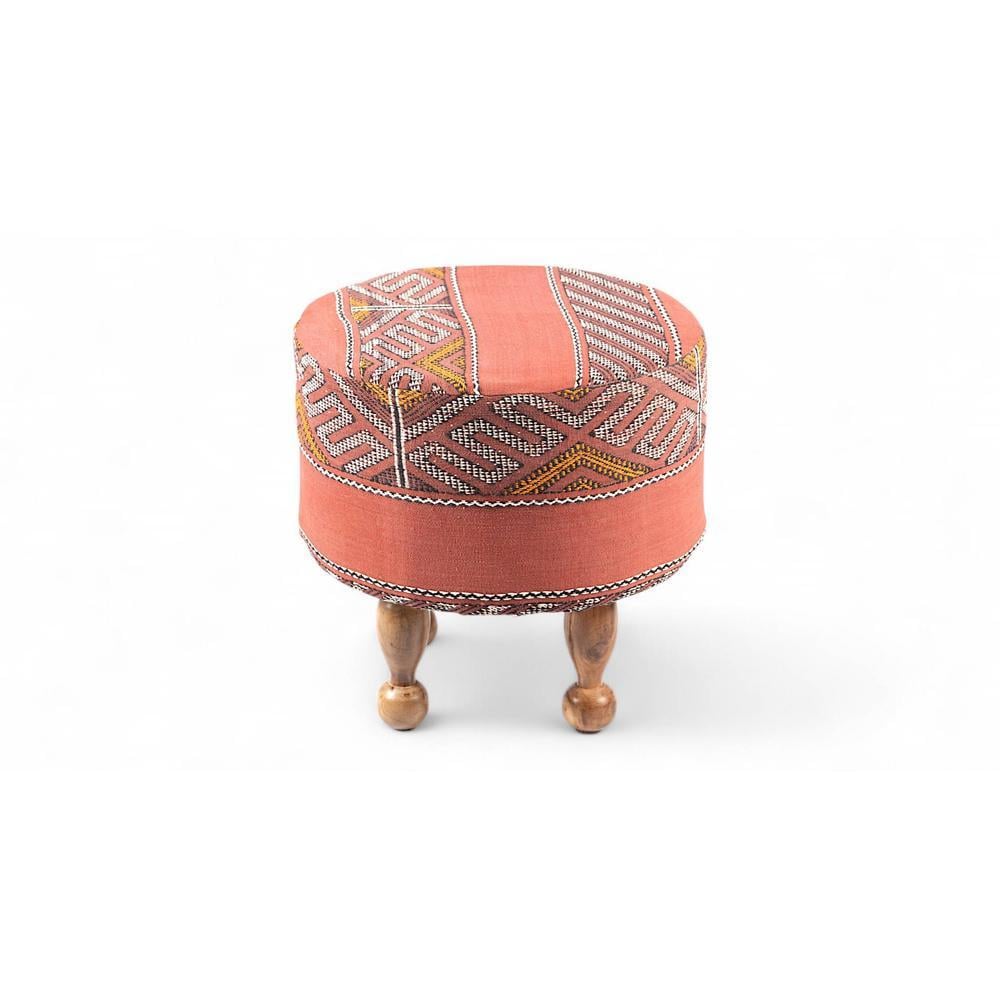 Louisville Acacia Wood Parisian Round Set of 2 Pouf Stools in Red Jacquard