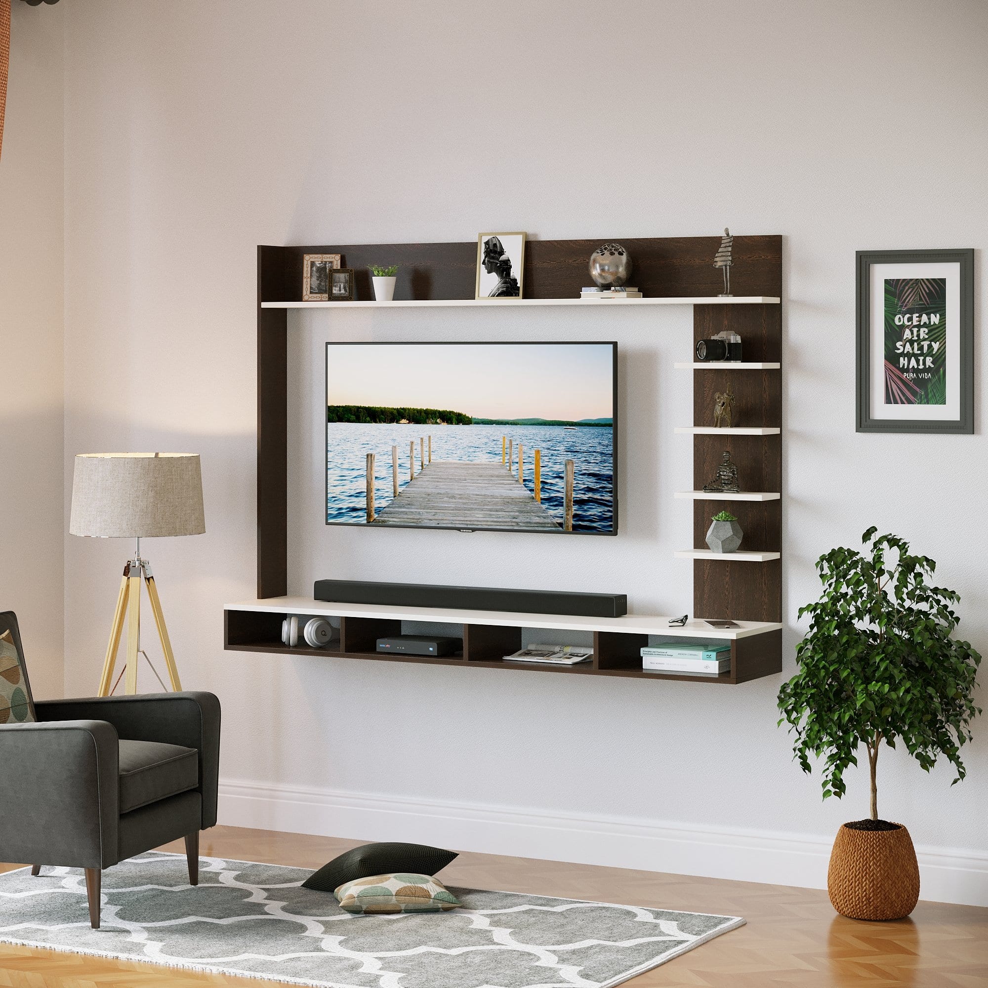 BLUEWUD Primax Grande Large Engineering Wood Wall Mount TV Entertainment Unit Set Top Box Stand/TV Cabinet Panel with Shelves for Books & D�cor Display Unit, Ideal for 50� (Wenge & White)