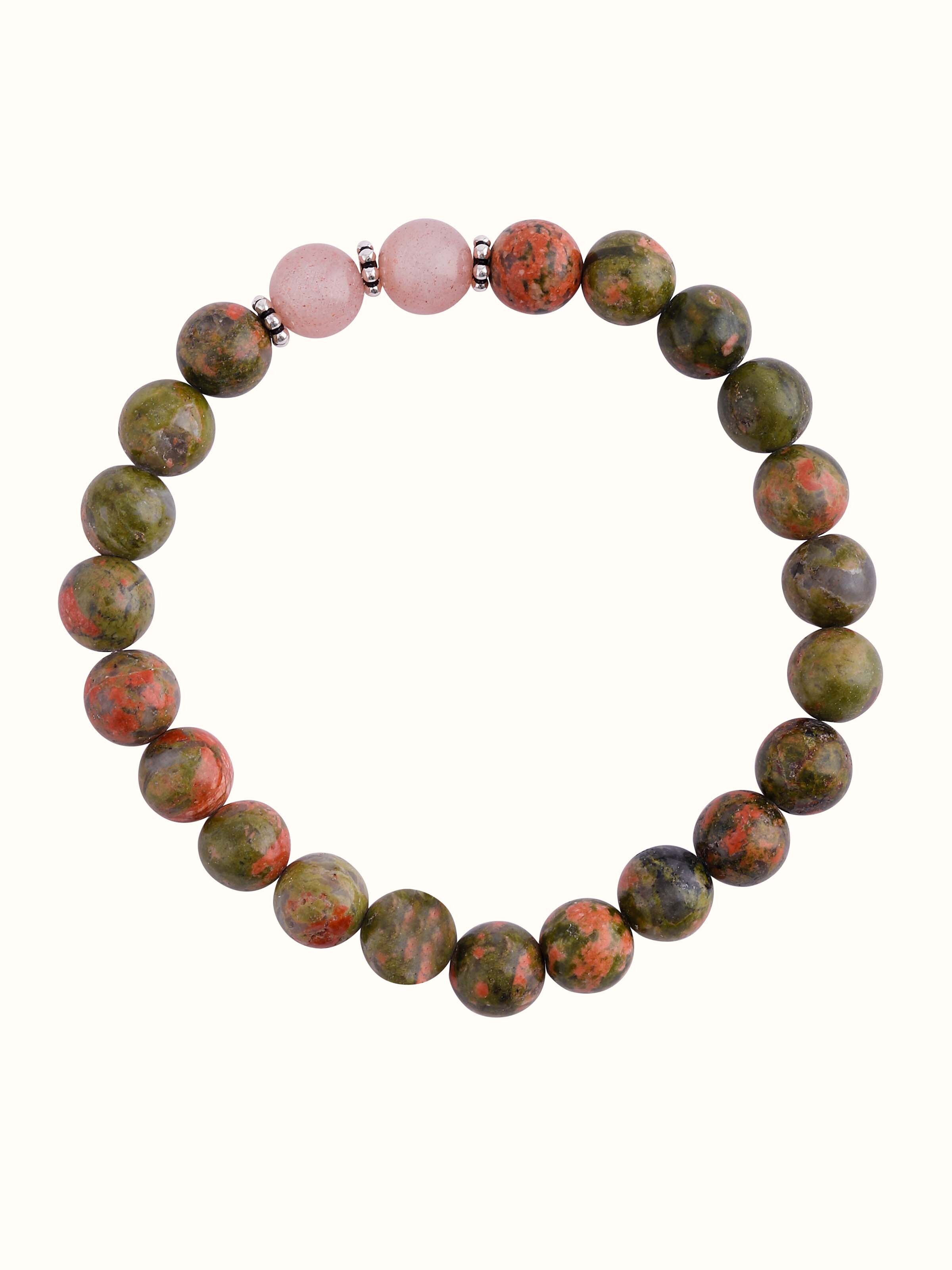 Front view of Unakite & Peach Moonstone Silver Bracelet highlighting the mix of earthy green and peach stones in silver links
