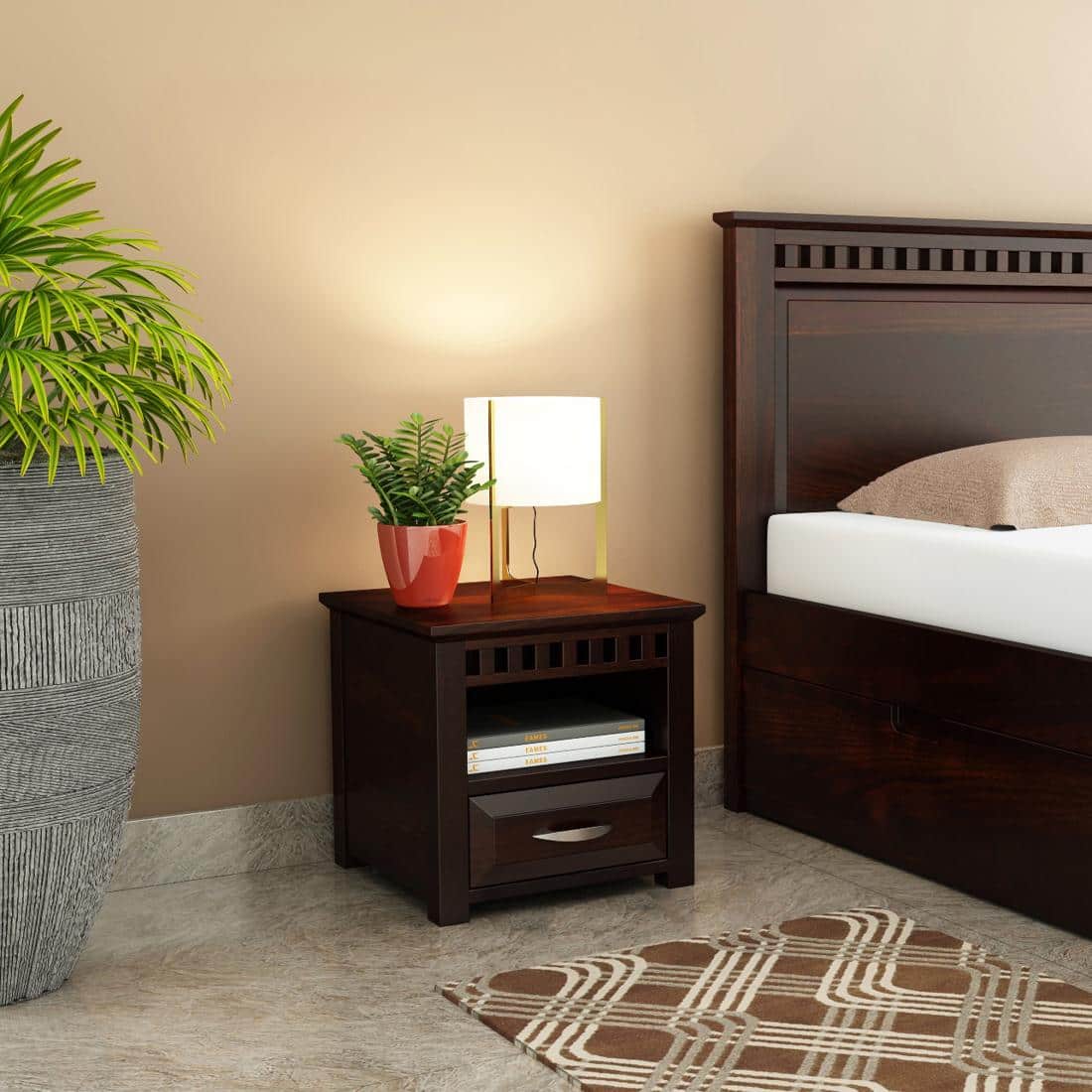 Prashiv Solid Wood Bedside Table in Walnut Finish