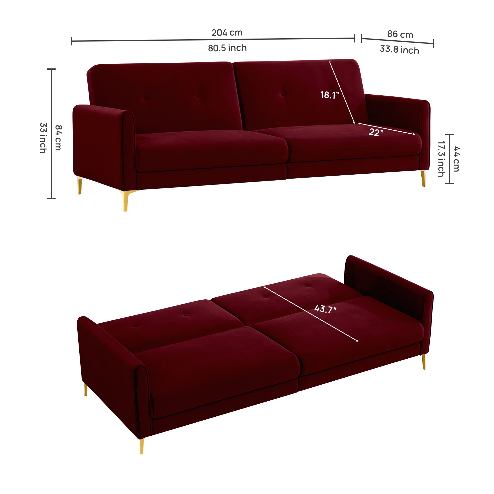 Gilud 3 Seater Velvet Sofa Cum Bed in Maroon colour