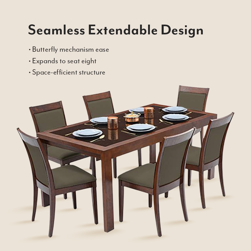 Vanalen 6-To-8 Extendable - Dalla 6 Seater Glass Top Dining Table Set (Colour- Grey , Finish- Dark Walnut)