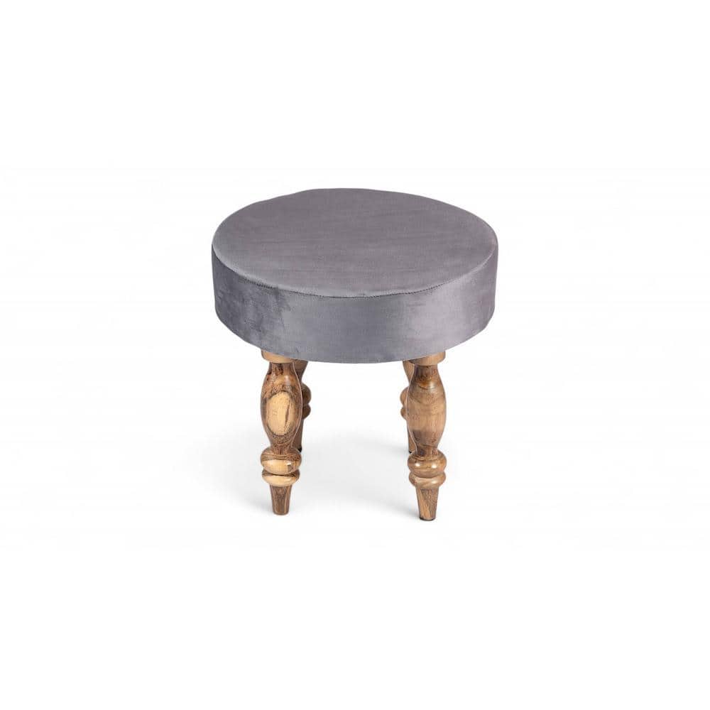 Roswell Sheesham Wood   Round Stool in Iron Grey Velvet Upholstery