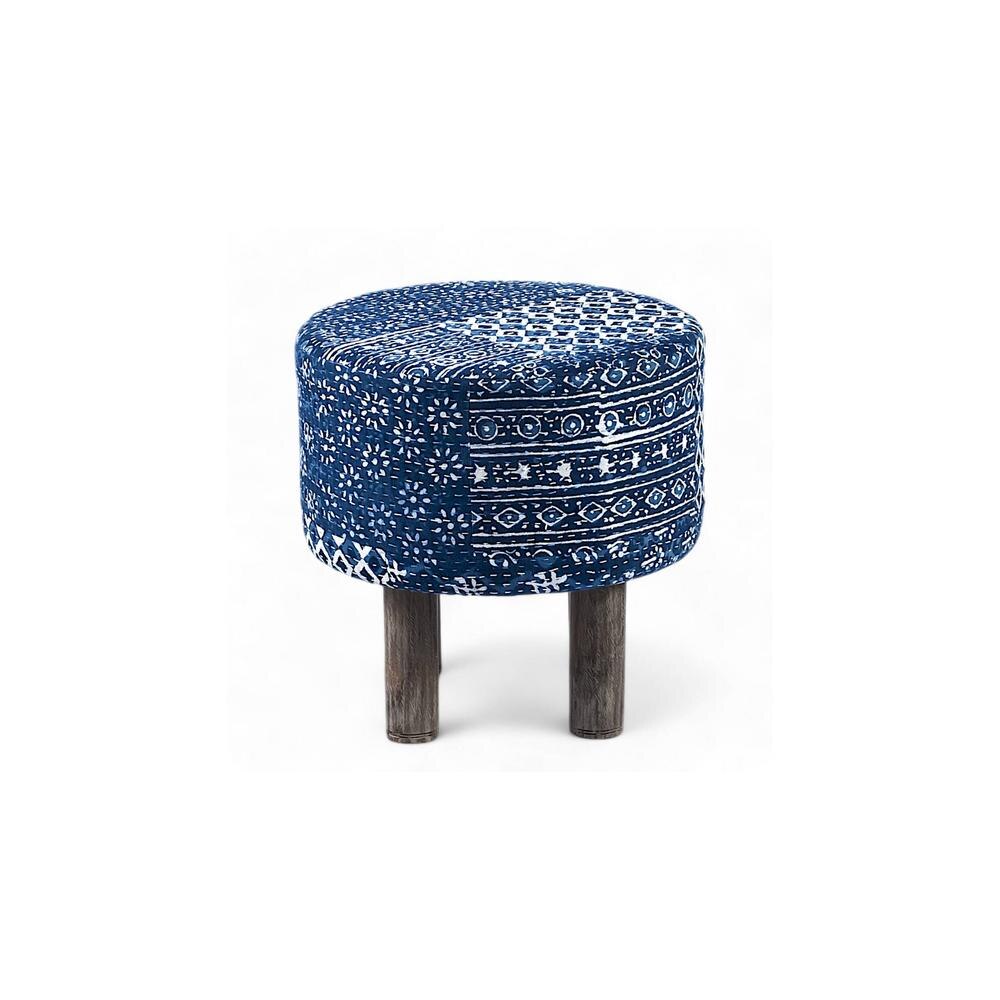 Morgan Solid Wood Pouf Stool in Indigo Patch Kantha Fabric