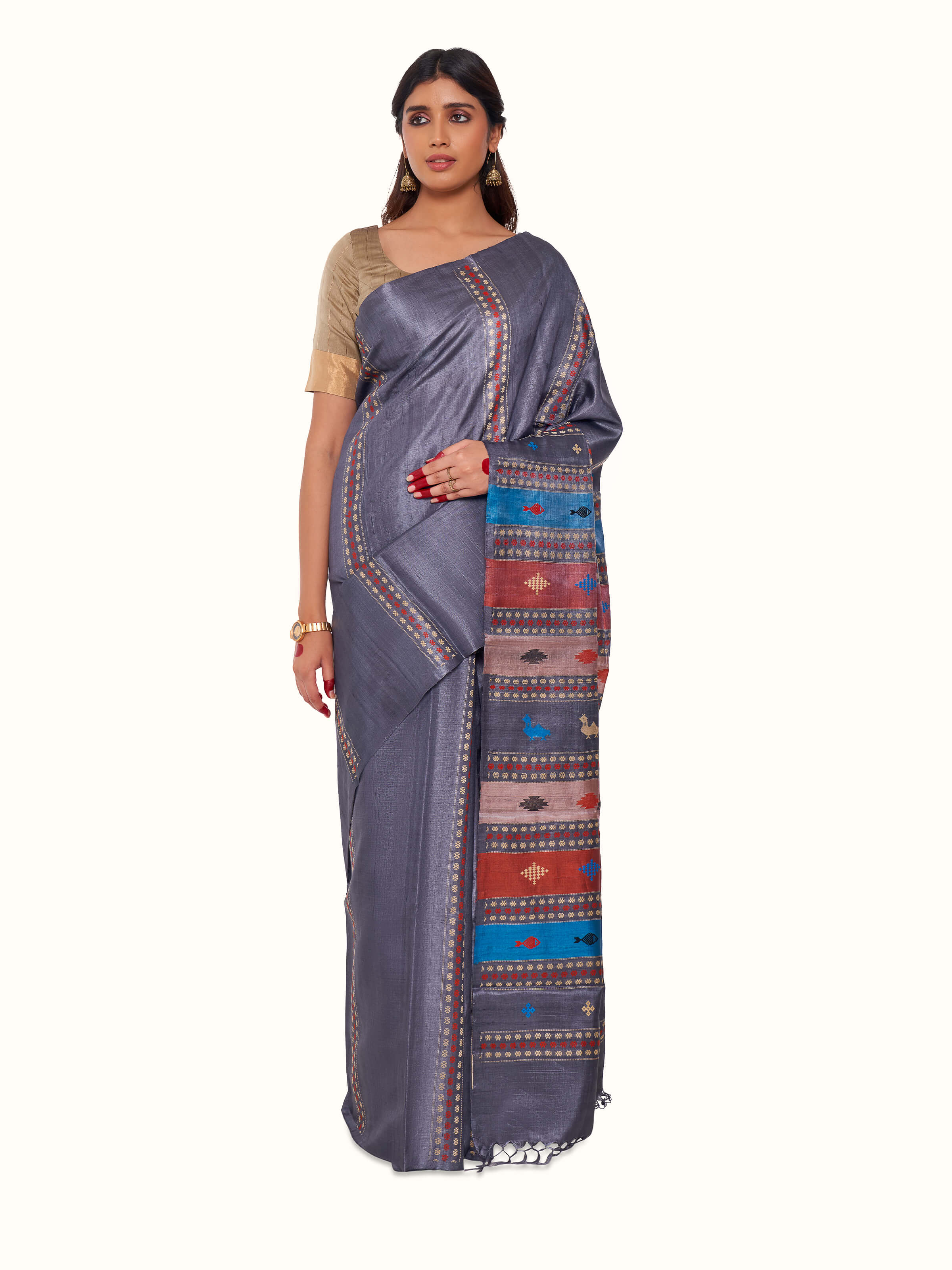 Front view of black tussar silk extra-weft saree with intricate woven motifs