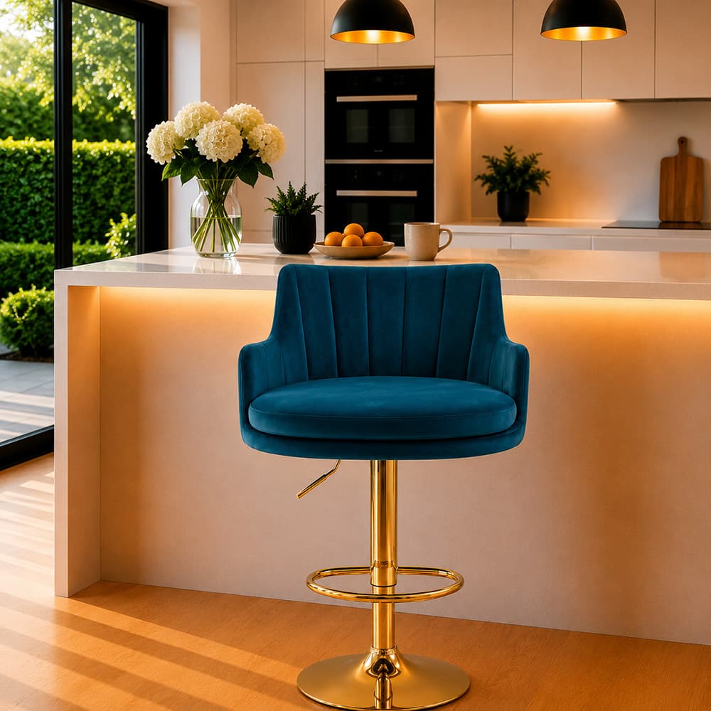 Doe Buck Oliver Adjustable Velvet Bar Stool in Teal Blue Colour with Gold Base - Doe Buck
