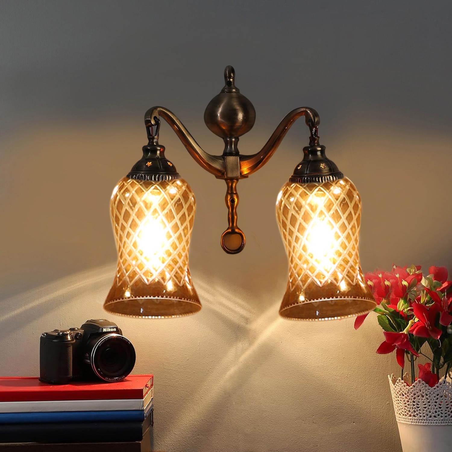 Devansh Metal Electric Wall Light in Antique gold Colour with Lavender Shade Count of 2 Lights - Devansh