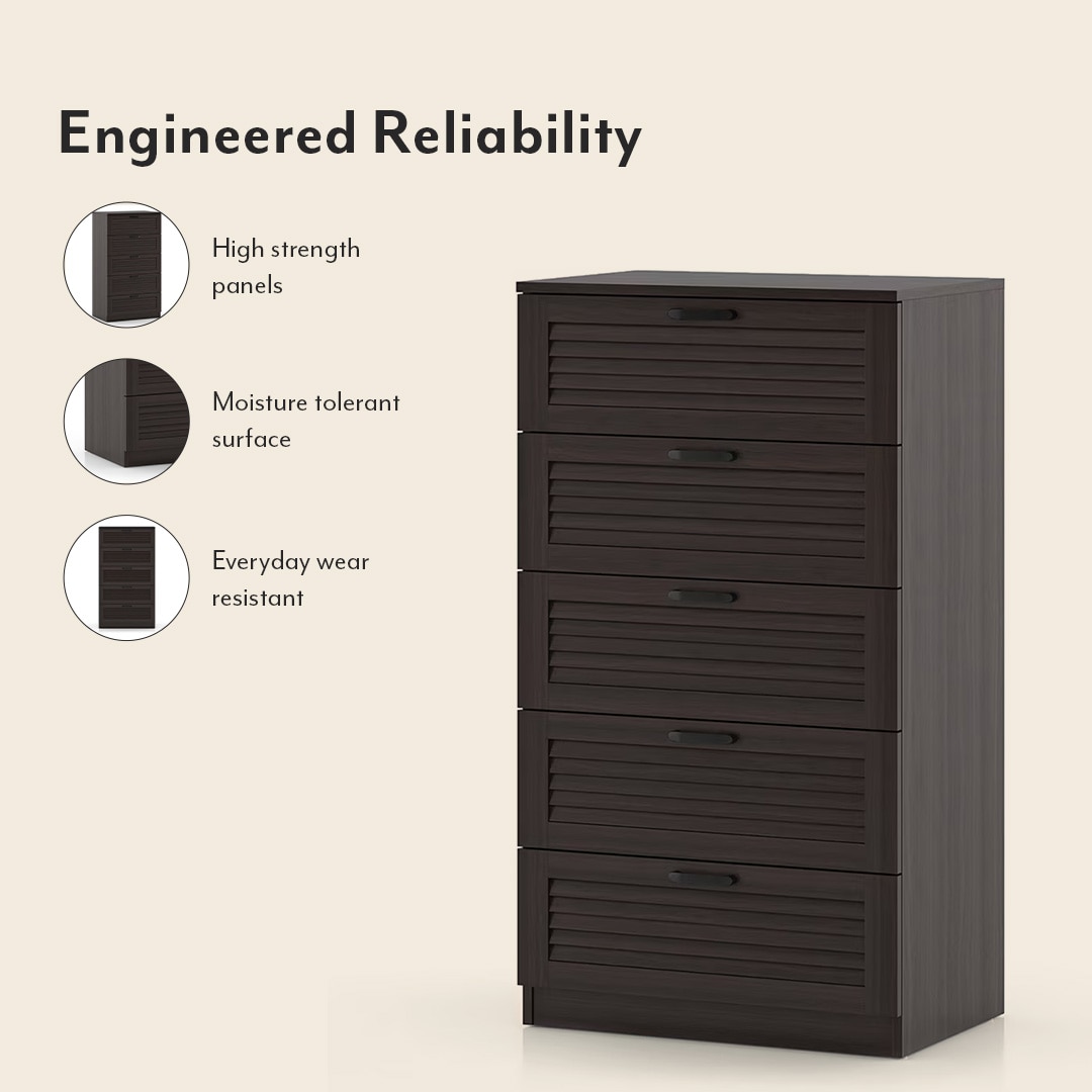 Bennis Engineered Wood Chest of 5 Drawers in Dark Walnut Finish