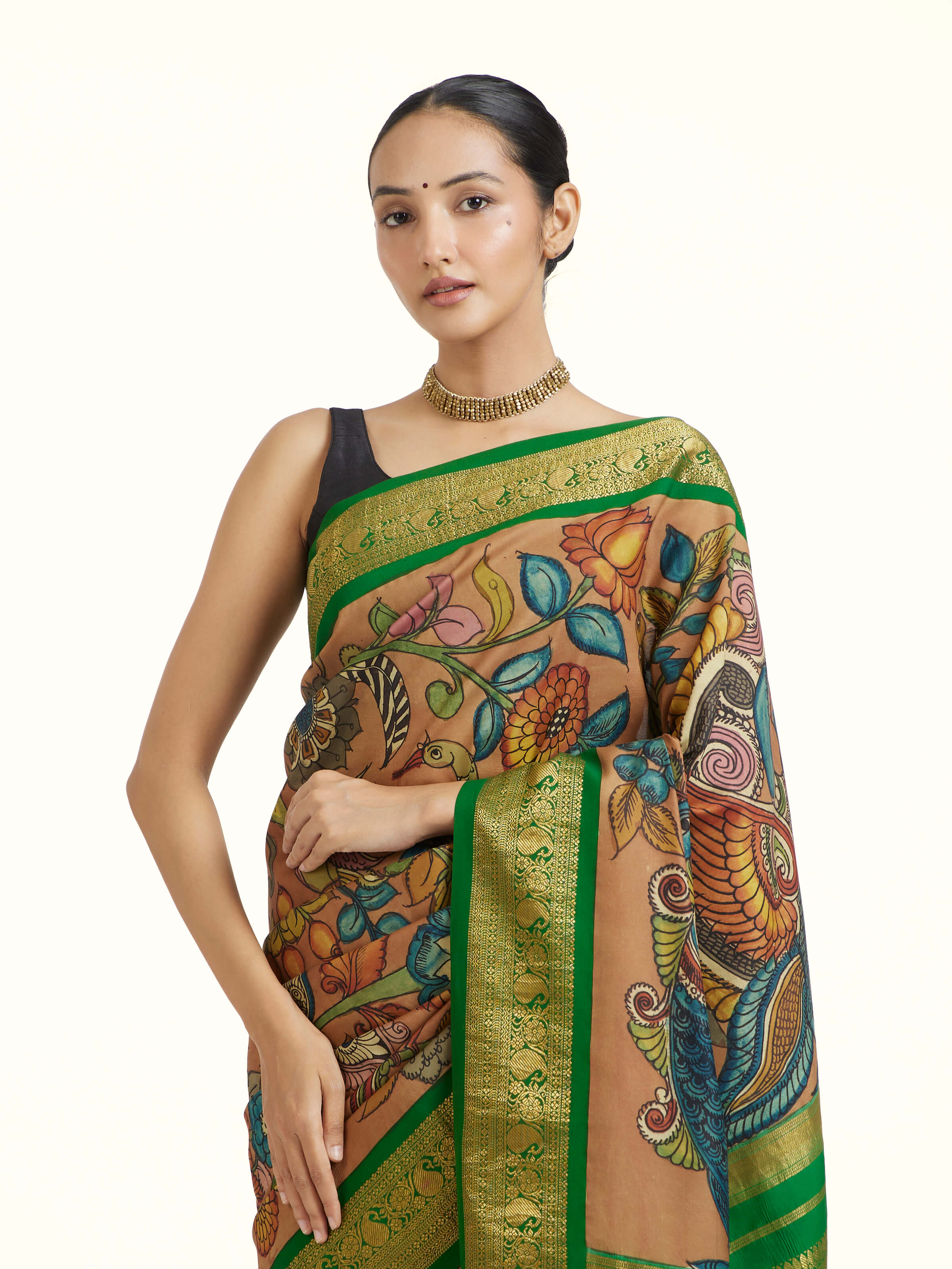 Silk Kalamkari Painted Kanchipuram Saree
