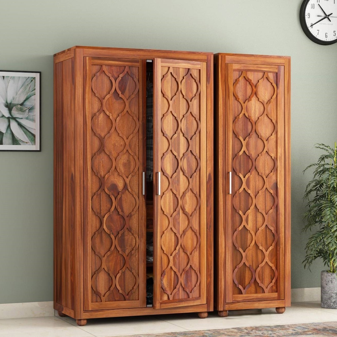 Mars 3 Door Solid Wood Wardrobe in Natural Finish