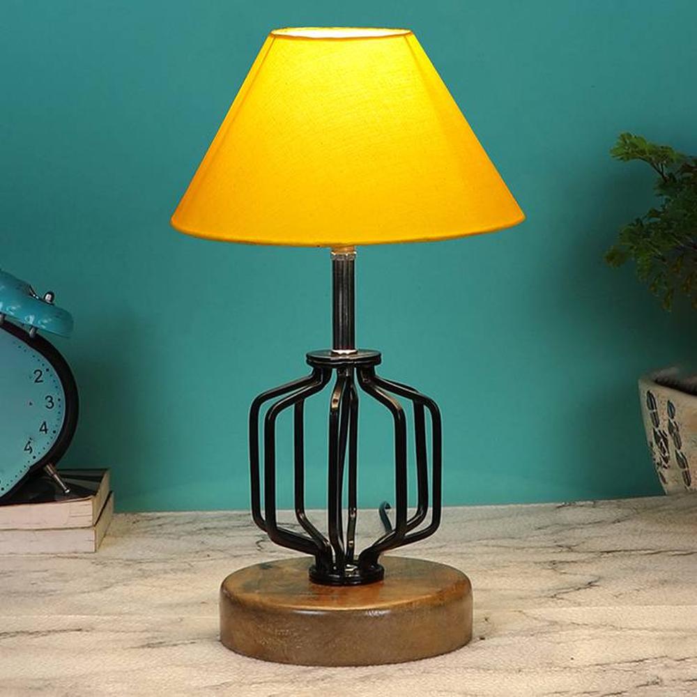 Ainsley Yellow cotton Table lamp with Wood & Iron Base - Devansh