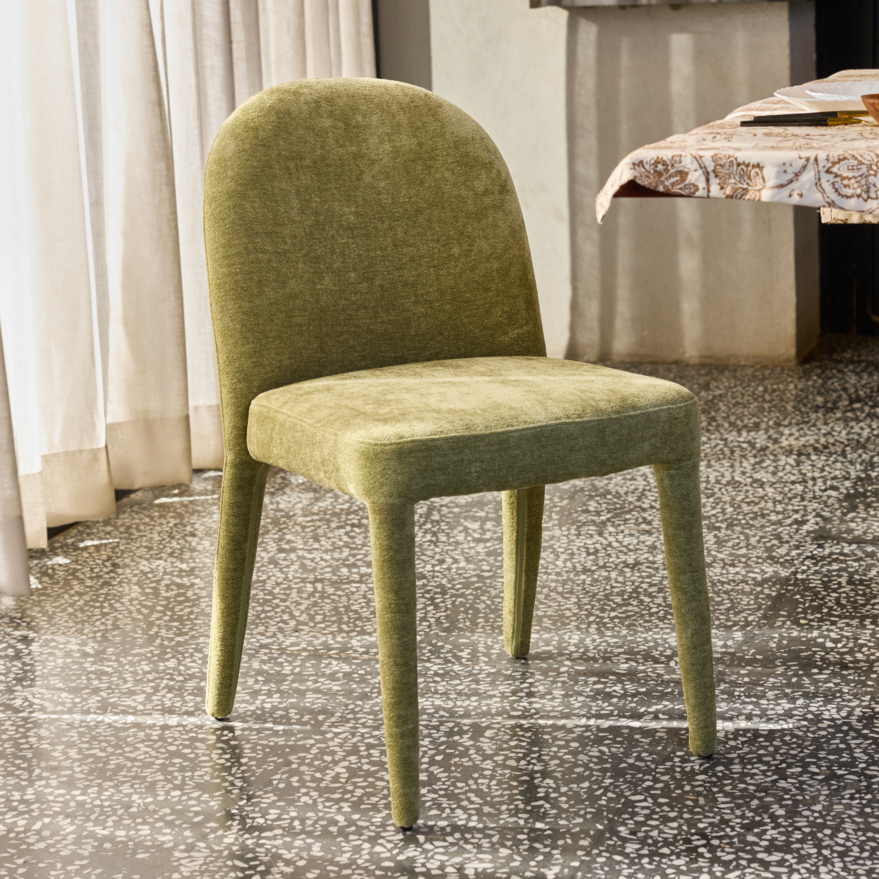 Walnut Fabric Dining Chair in Green Colour - Living Shape