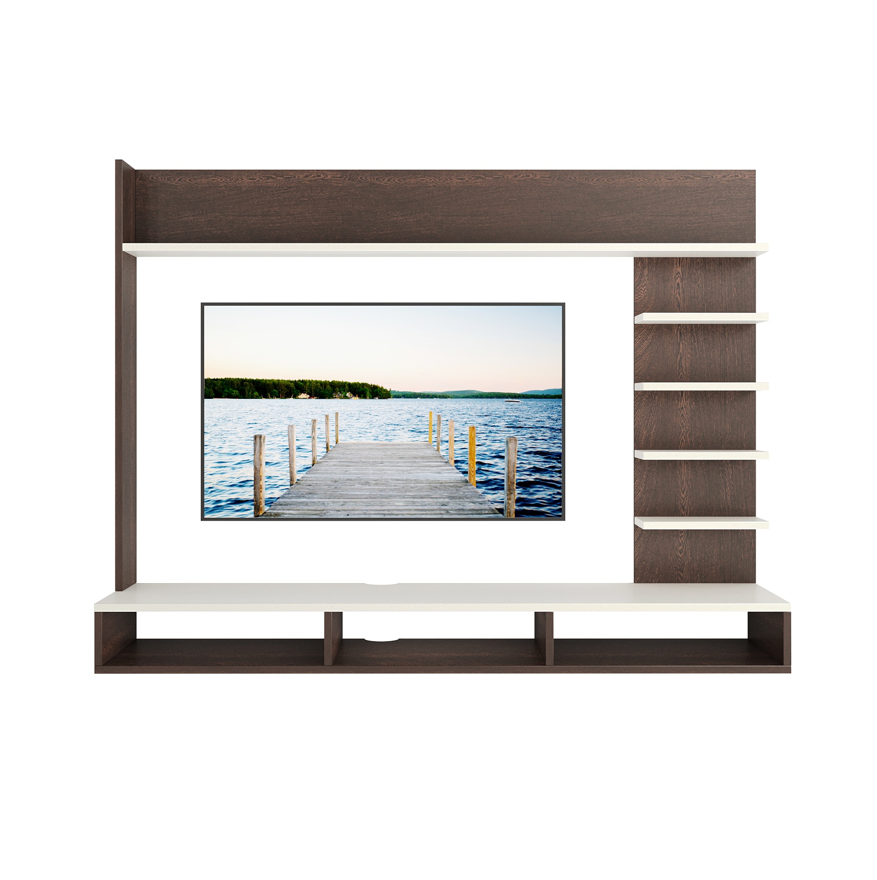 BLUEWUD Primax Grande Standard Engineering Wood Wall Mount TV Entertainment Unit Set Top Box Stand/TV Cabinet Panel with Shelves for Books & D�cor Display Unit, Ideal for 42" (Wenge& White)