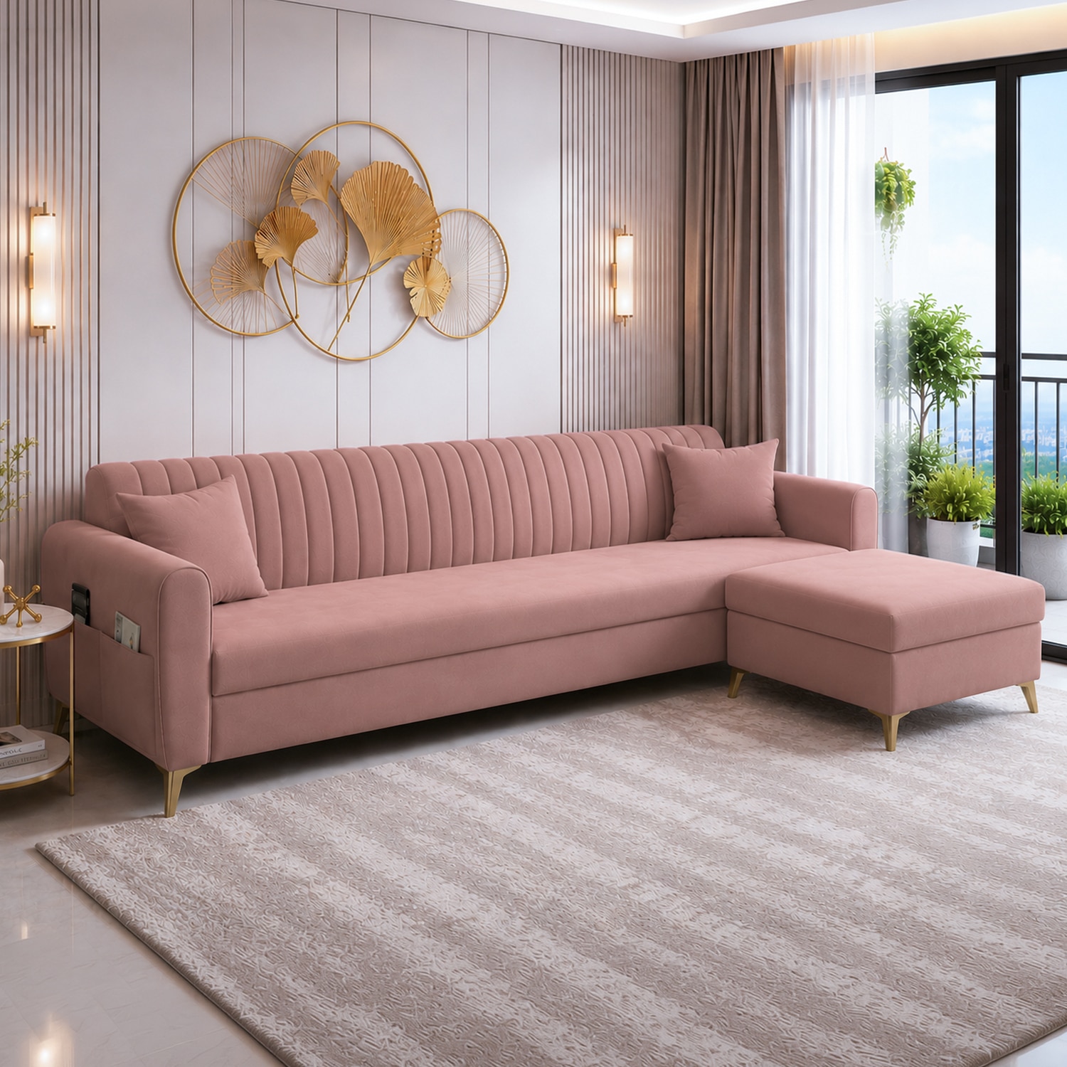 Daraco Velvet L shape 5 Seater Sofa in Peach Color - Home Lifestylez