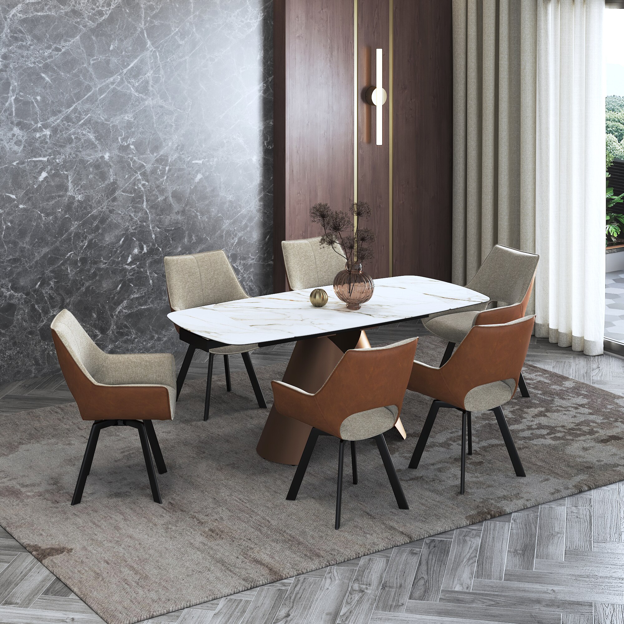 Aeris Ceramic 4 To 6 Seater Extendable Dining Table With Casey Dining Chair