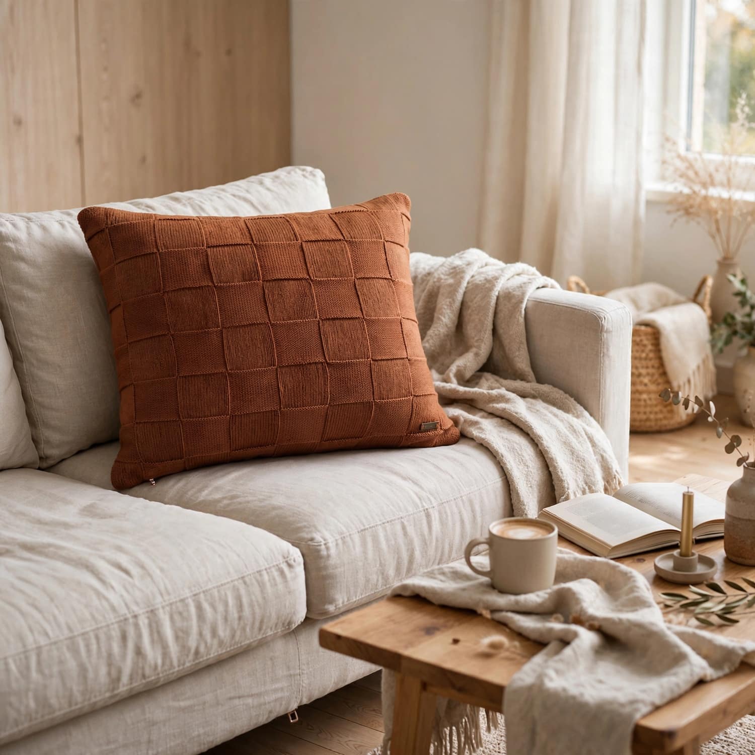 Square Check Cashew Rust Decorative Cushion Cover 16 x 16 Inches - Pluchi