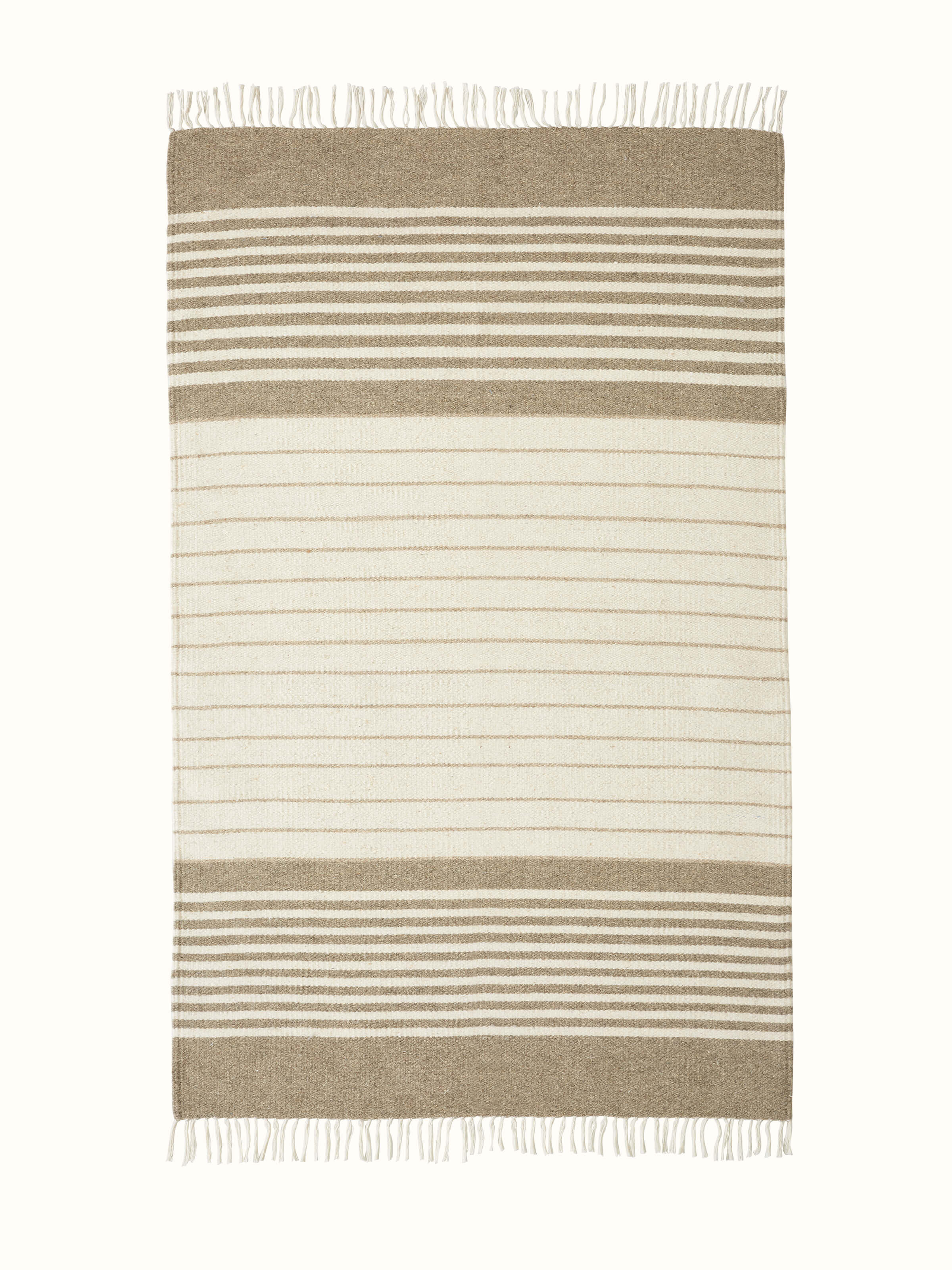 Full view of Nomad Stripes Beige Ivory Jawaja wool & cotton handloom dhurrie (3x5 ft), featuring a striped design in beige and ivory.