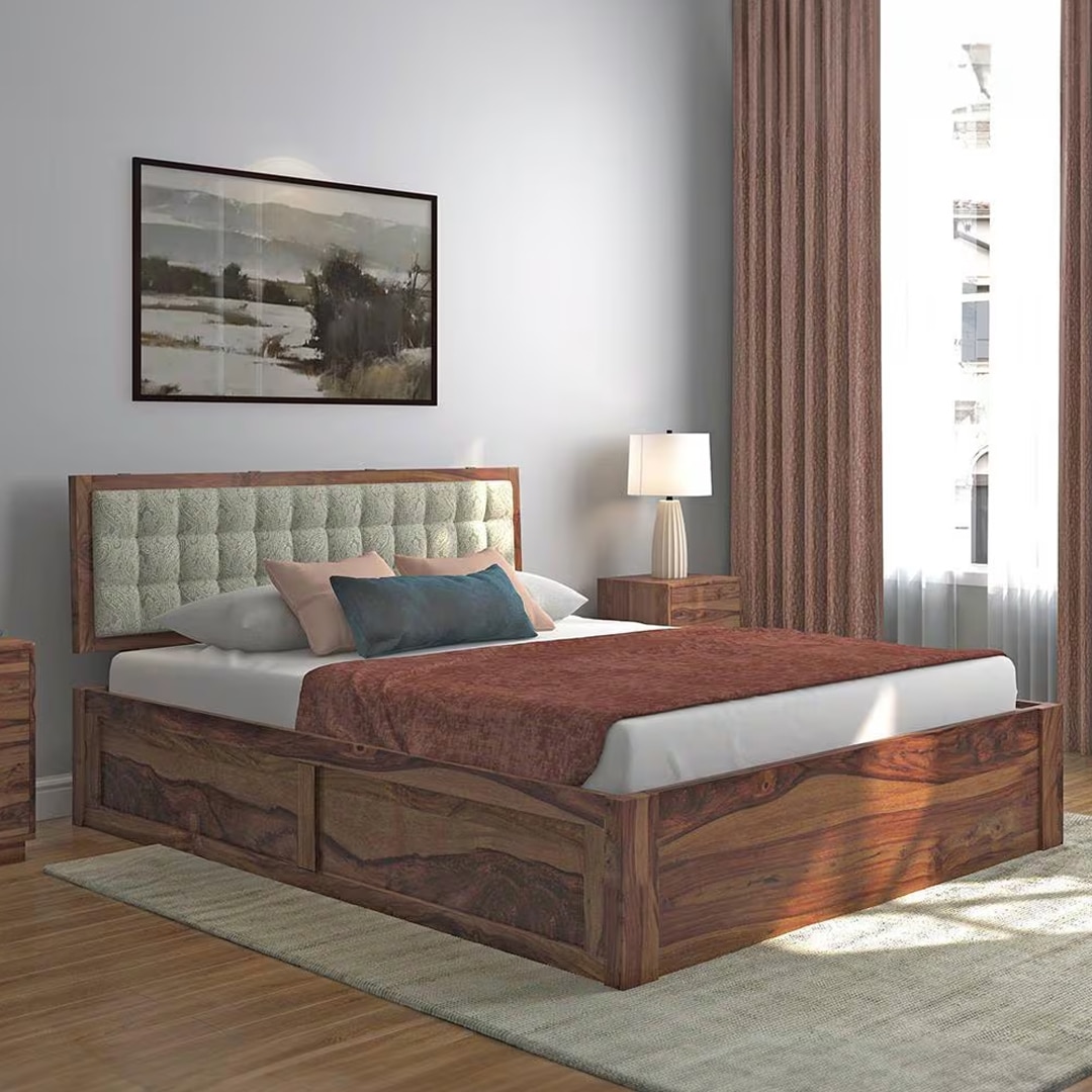 Florence Solid Wood Queen Size Hydraulic Storage Bed In Teak Finish