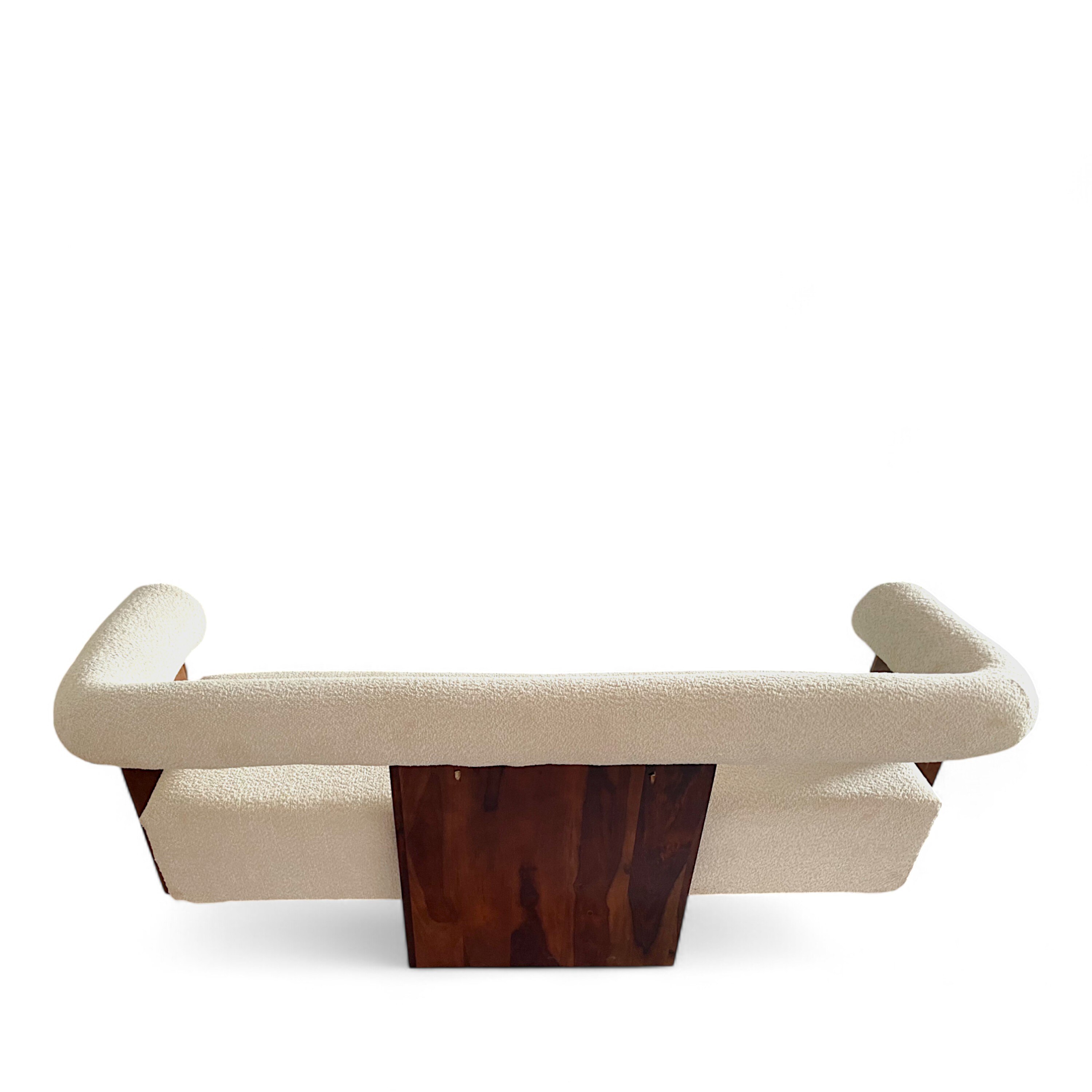 Westfield Sheesham Wood Mid Century 3 Seater Sofa (Off White Soft Boucle Fabric In Teak Finish)