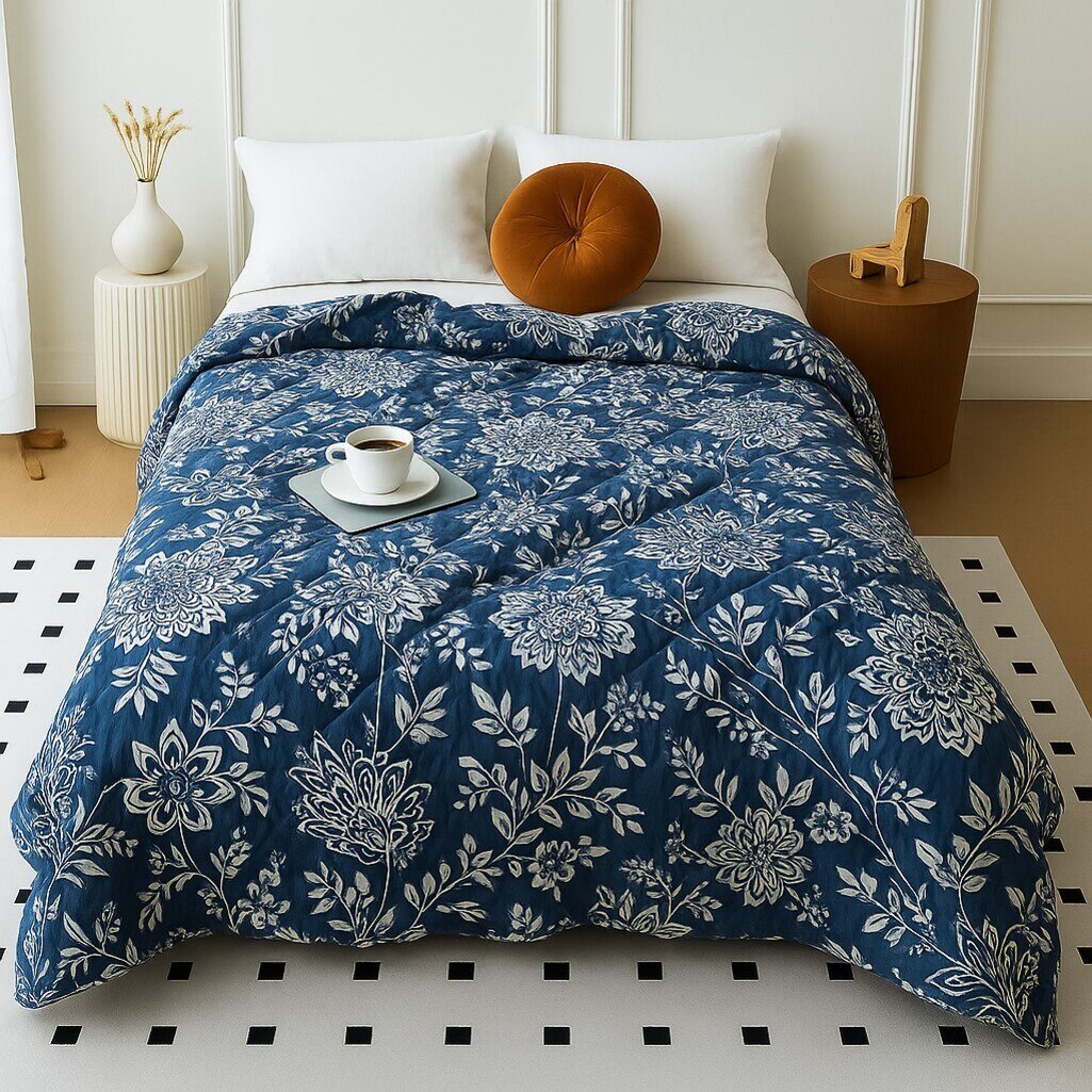 Blue Floral 300 Cms Cotton Double Bed Size Comforter From Threads