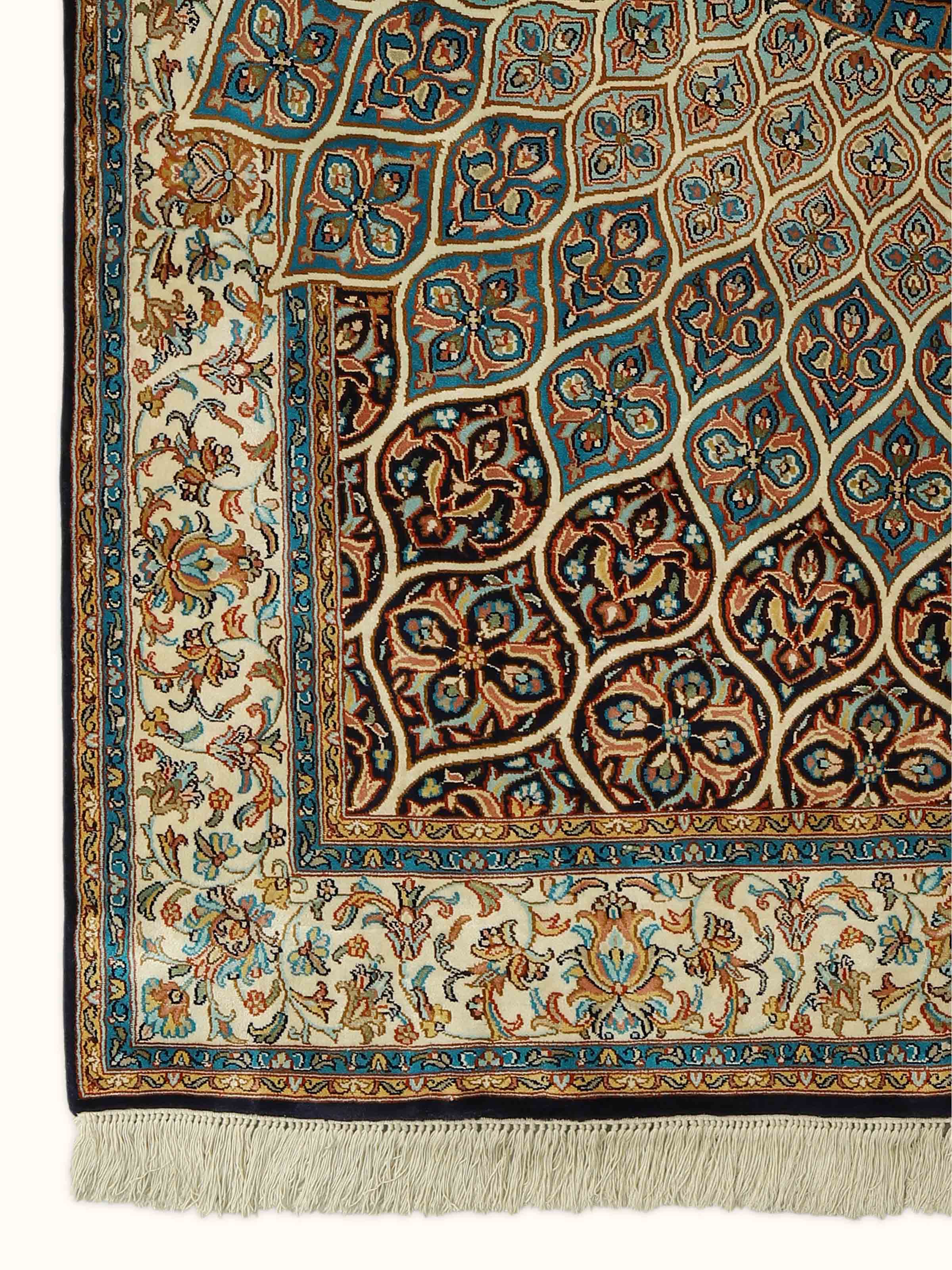 Traditional Persian Blue Gumbad Kashmir Silk Hand-Knotted Rug