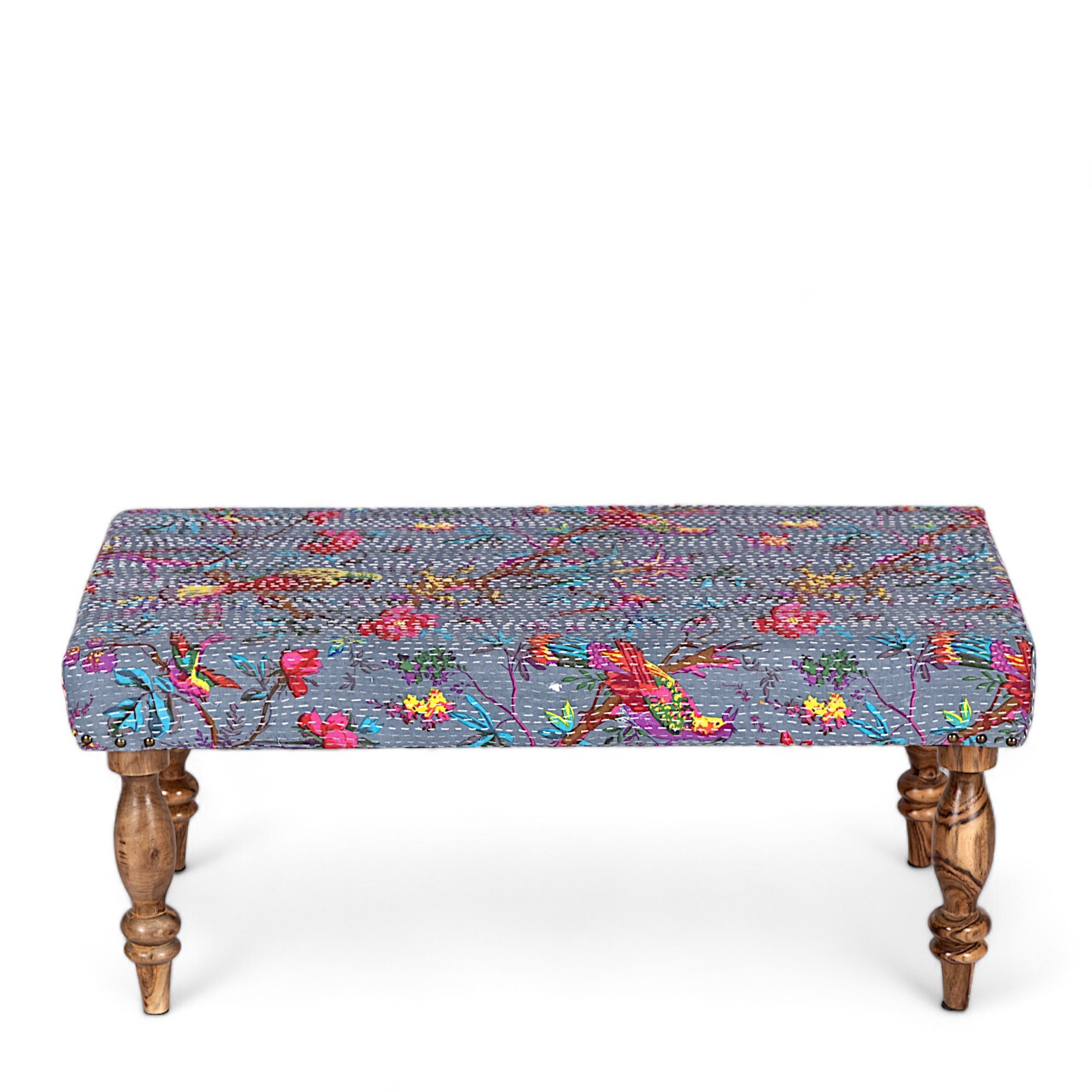 Bestone Solid Wood Bench In Bird Print Grey Kantha Fabric