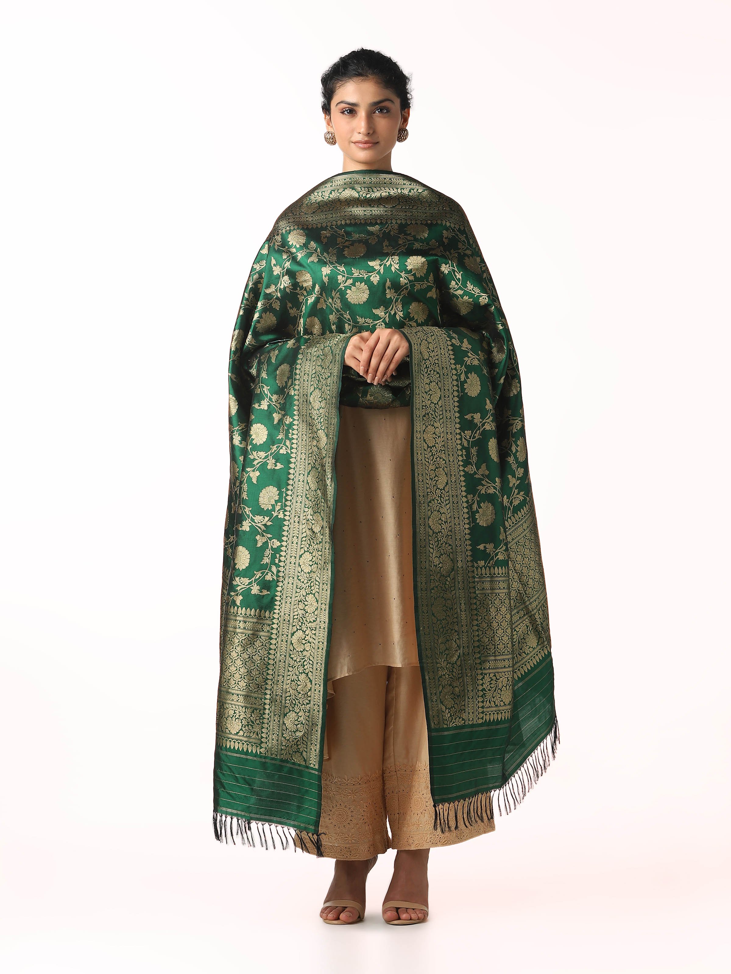 Front view of dark green silk Banarasi dupatta with rich woven motifs