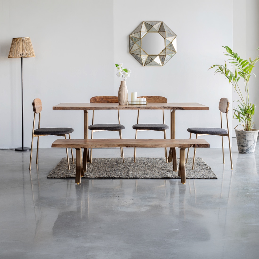 Yoho Solid Wood Dining Table with Four Chairs and Bench in Gold Finish - Orange Tree
