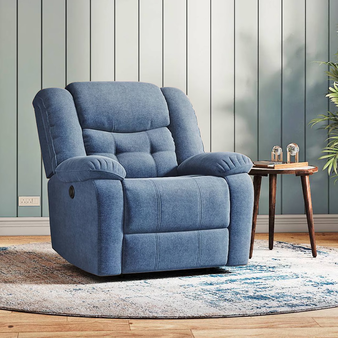 Theo Single Seater Motorized Recliner in Baltic Blue Premium Chenille Fabric